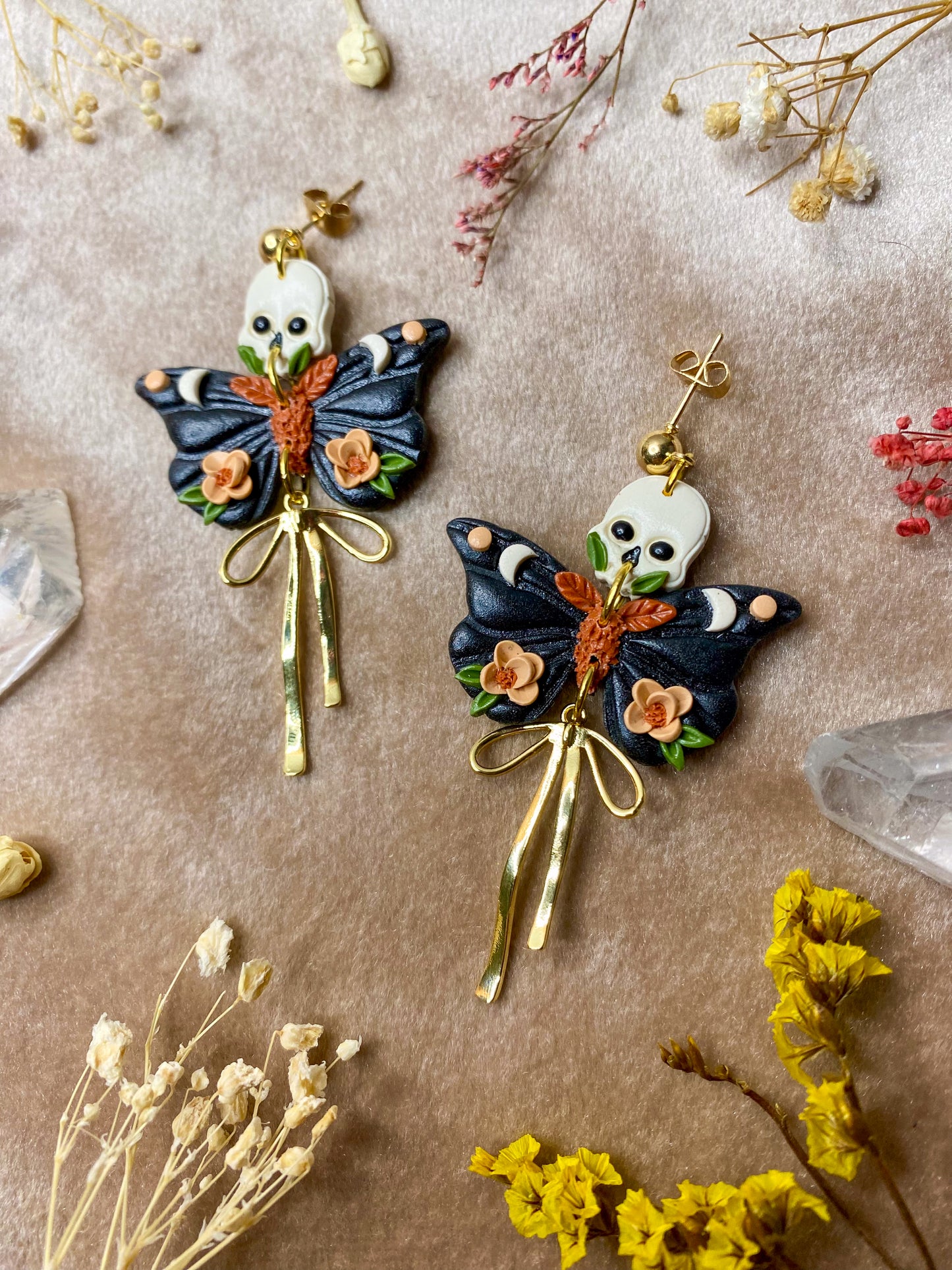 Dark Orange Floral Skull Moth Earrings