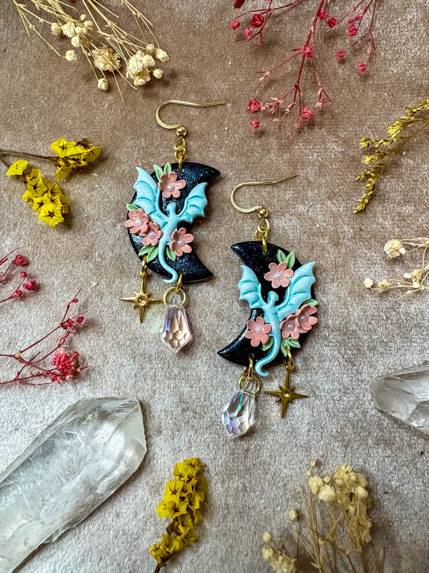 Cherry Blossom Moon Dragon Earrings