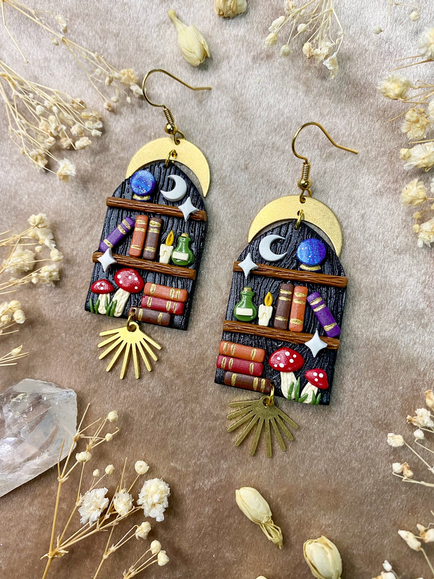 mystical black bookshelf polymer clay dangle earrings