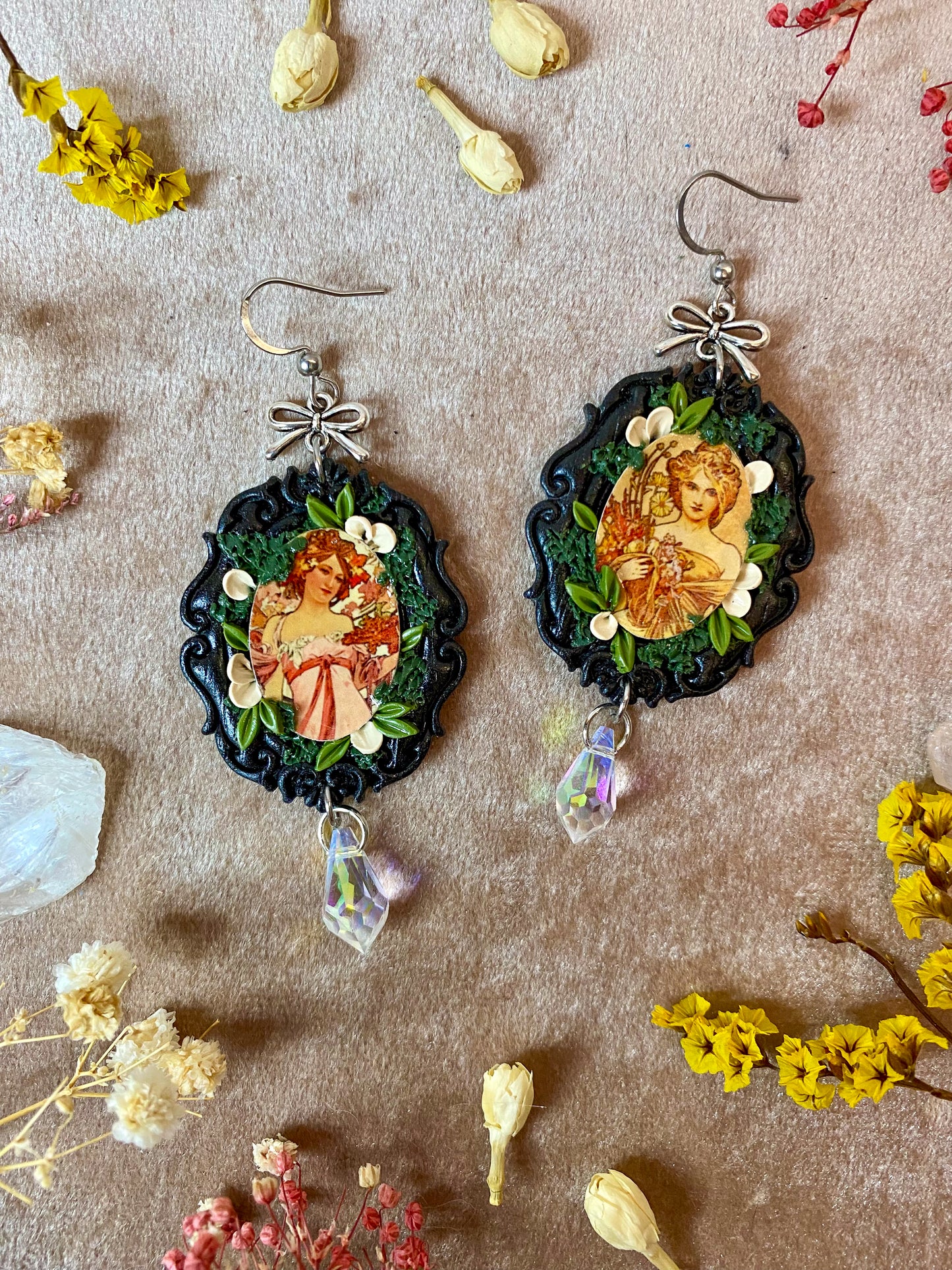 Mucha's "Spring" and "Moet and Chandon" Painting Earrings