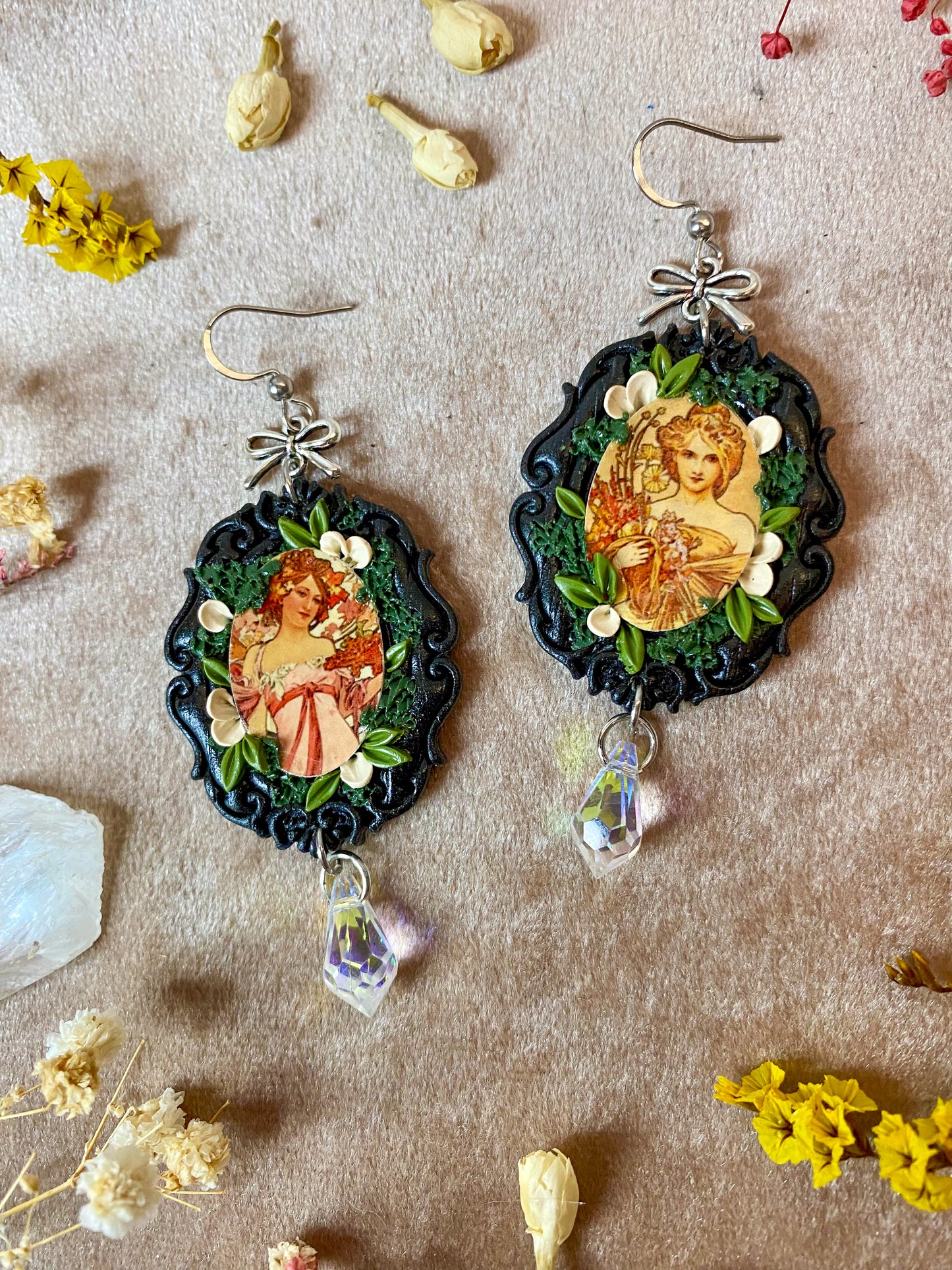 Mucha's "Spring" and "Moet and Chandon" Painting Earrings