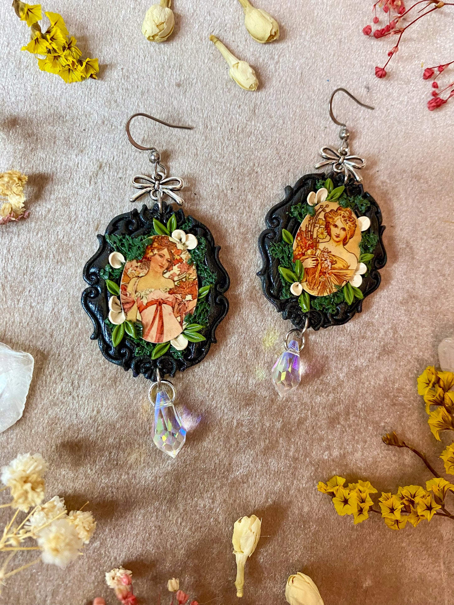 Mucha's "Spring" and "Moet and Chandon" Painting Earrings