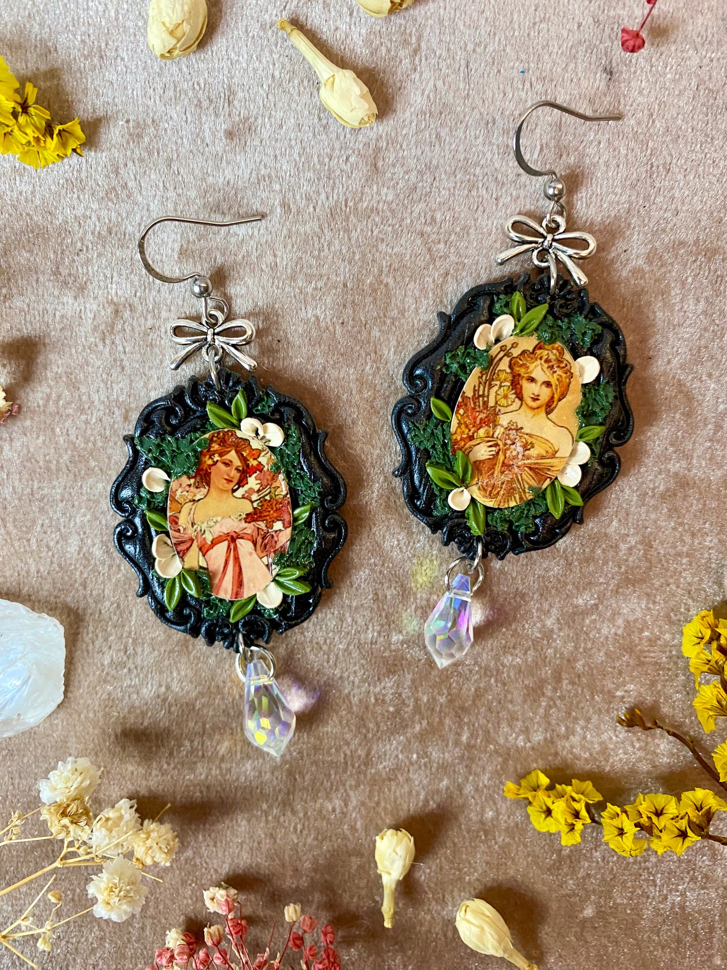 Mucha's "Spring" and "Moet and Chandon" Painting Earrings