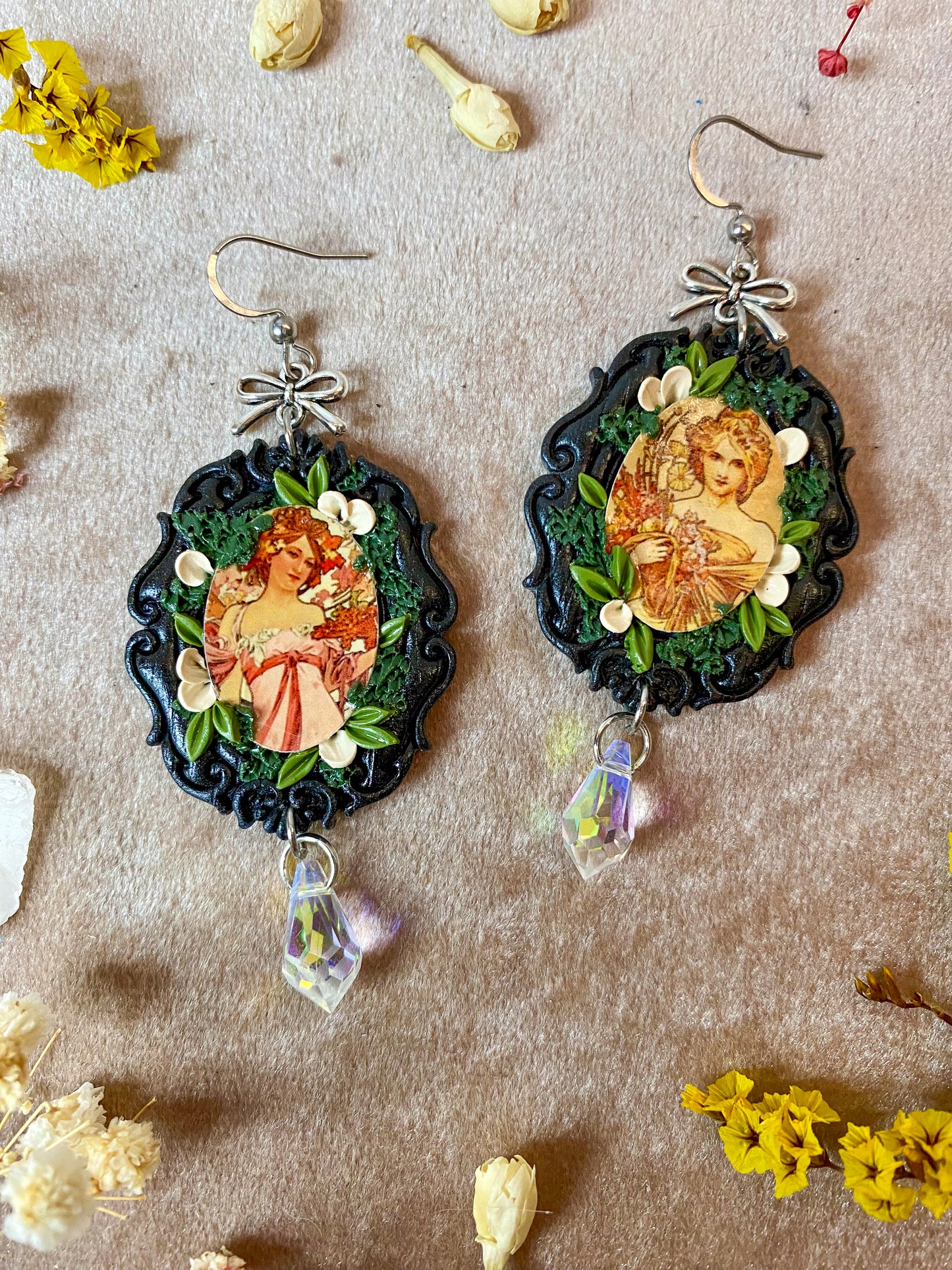Mucha's "Spring" and "Moet and Chandon" Painting Earrings
