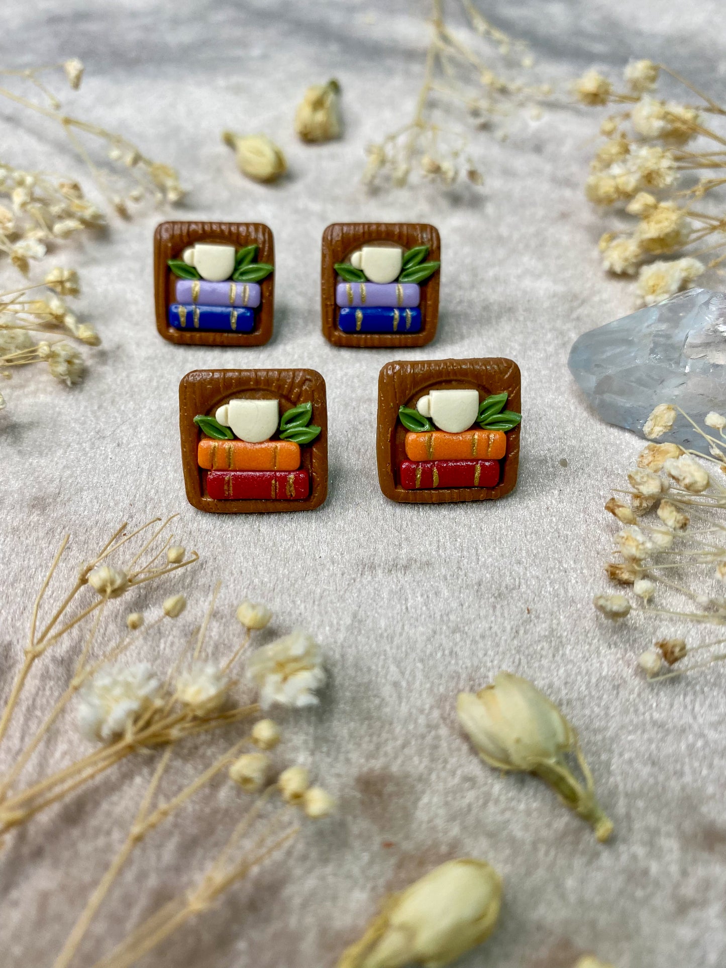 books and mug polymer clay stud earrings