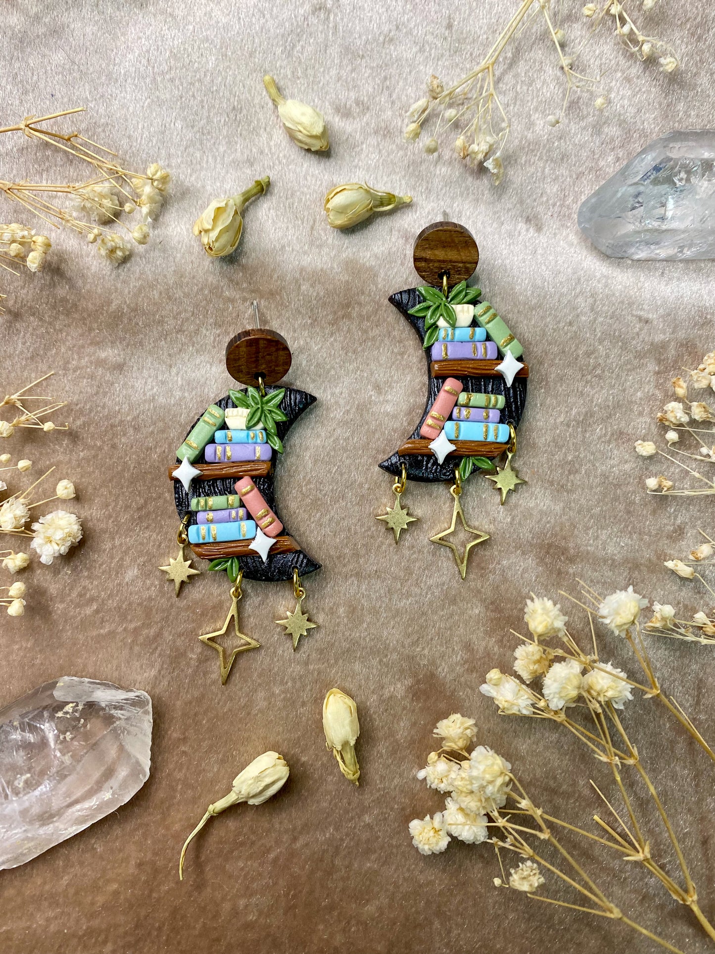 polymer clay moon bookcase dangle earrings with stars