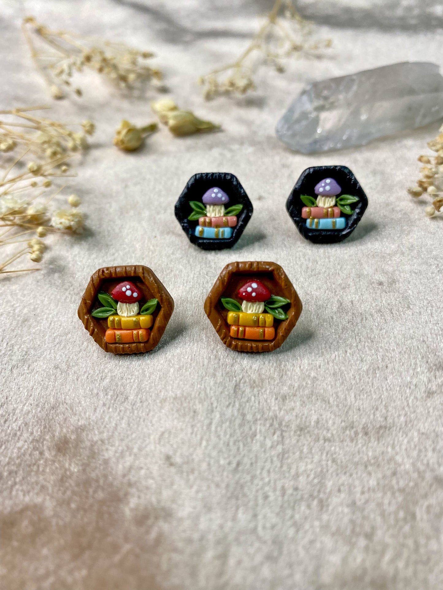mushroom and books cottage core stud earrings polymer clay