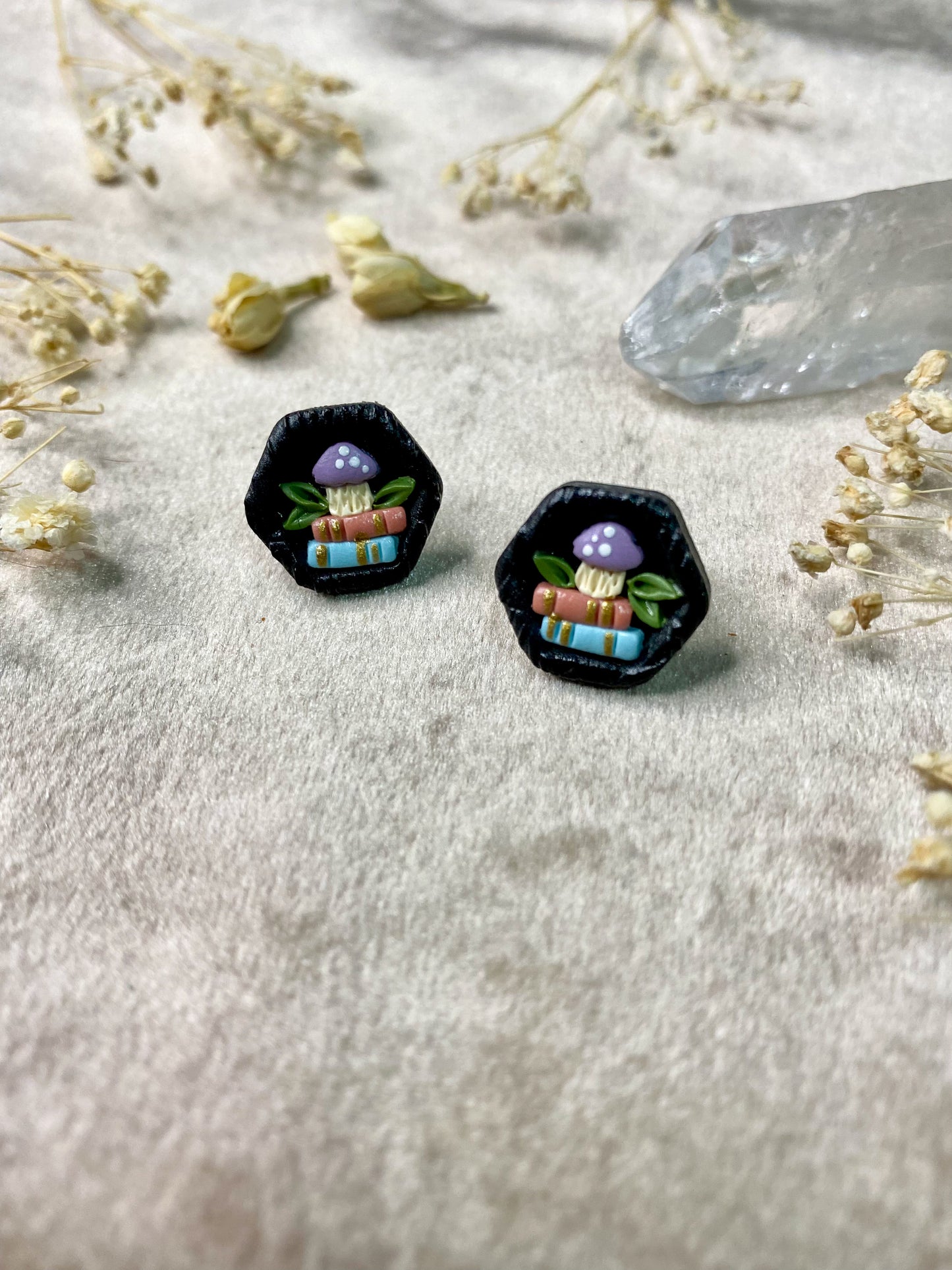 Books and Mushrooms Hexagon Stud Earrings