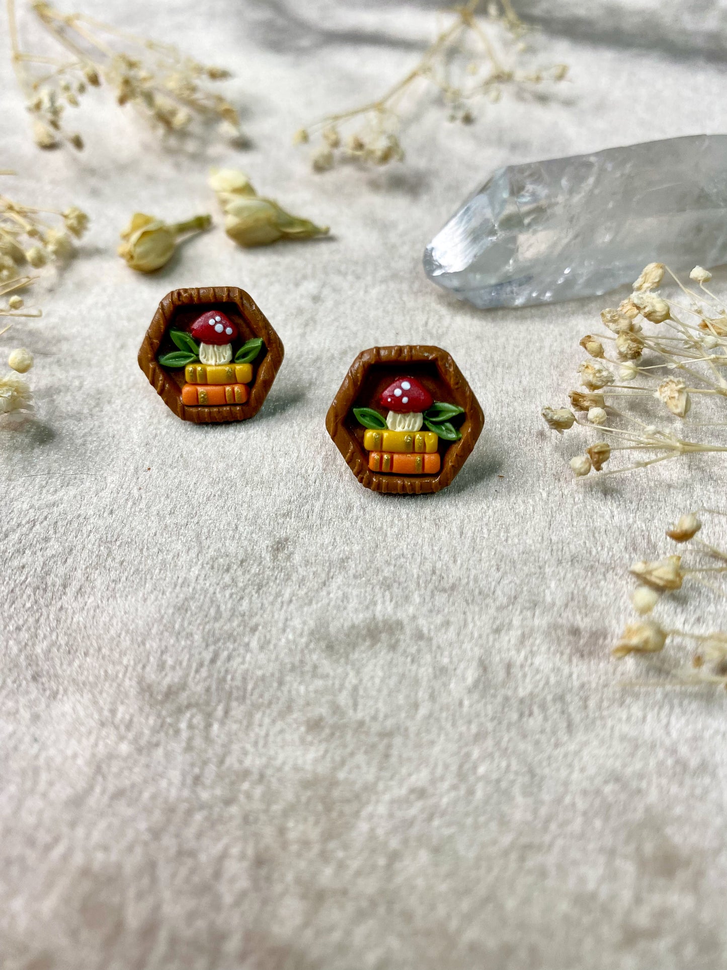 Books and Mushrooms Hexagon Stud Earrings