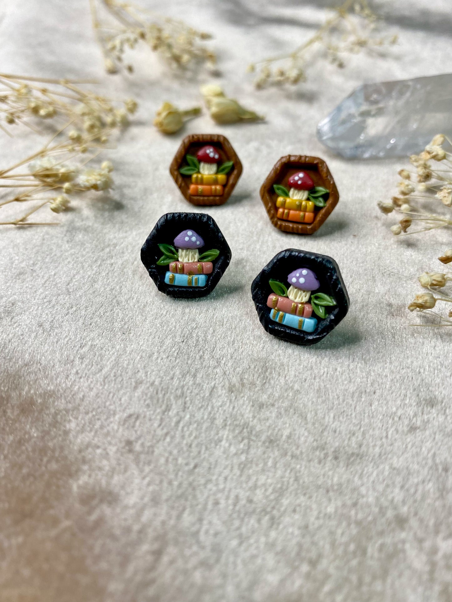 Books and Mushrooms Hexagon Stud Earrings