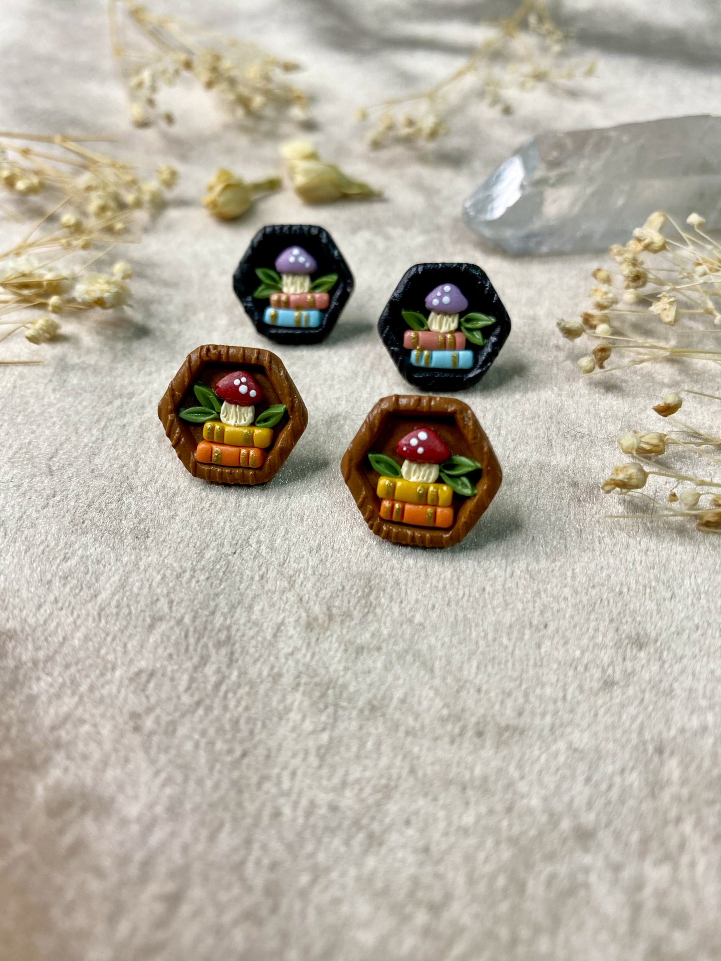 Books and Mushrooms Hexagon Stud Earrings
