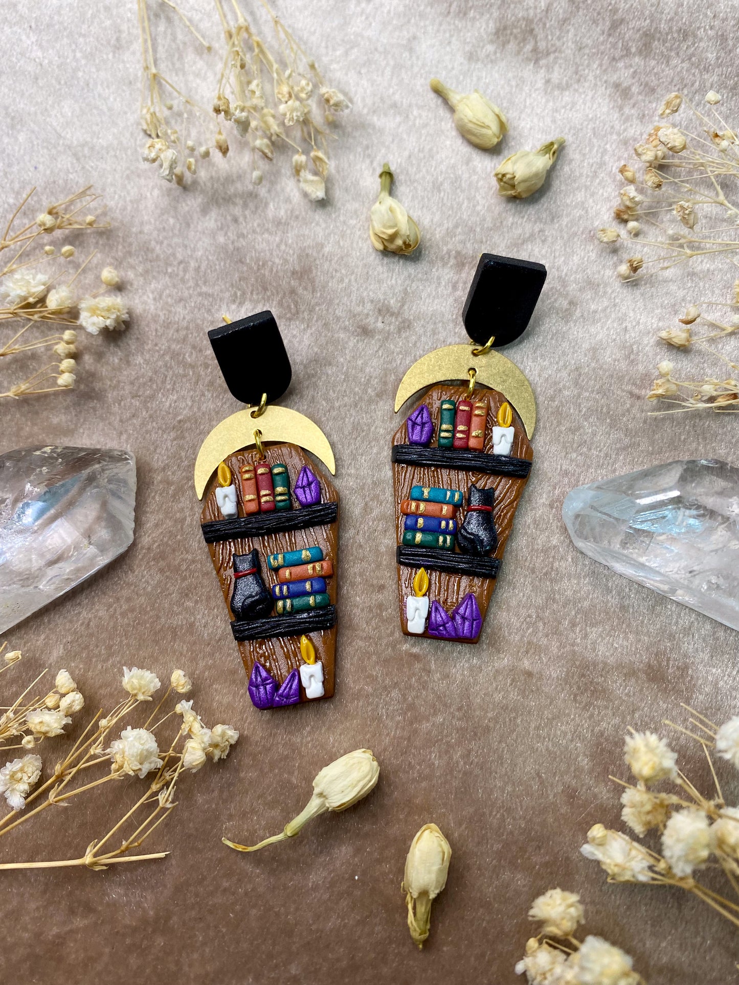 polymer clay coffin bookcase dangle earrings