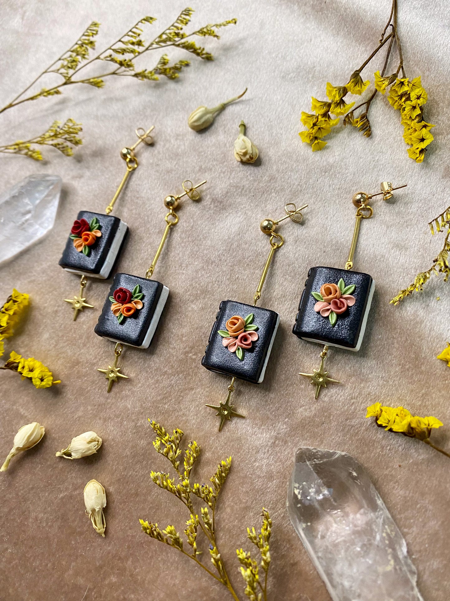 Black Floral Book Earrings