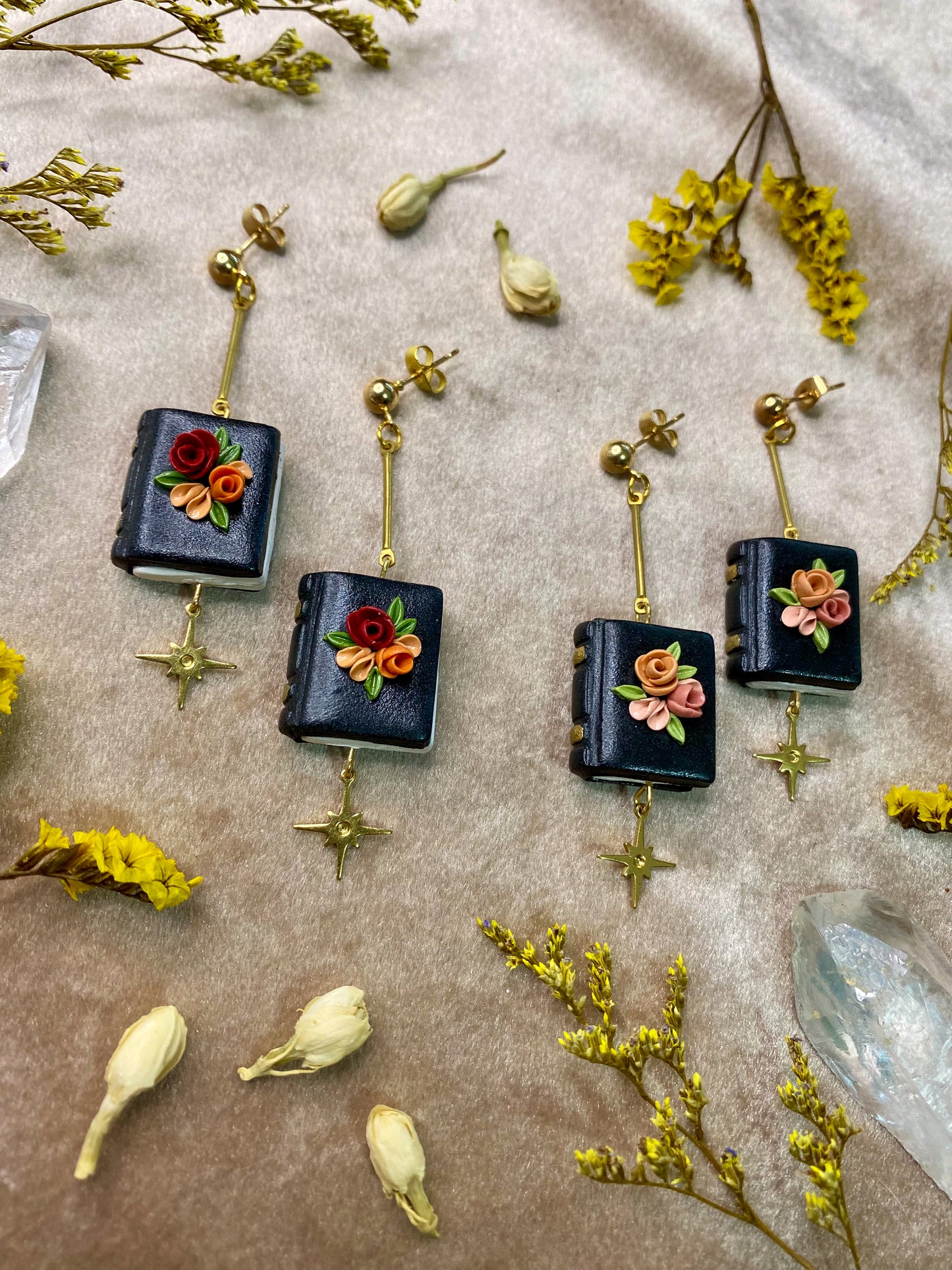 Black Floral Book Earrings