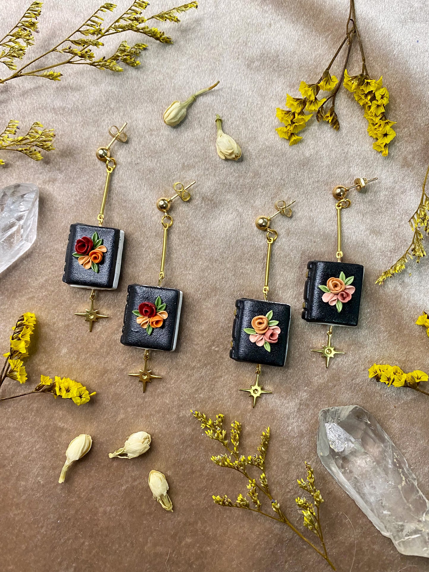 polymer clay floral book dangle earrings