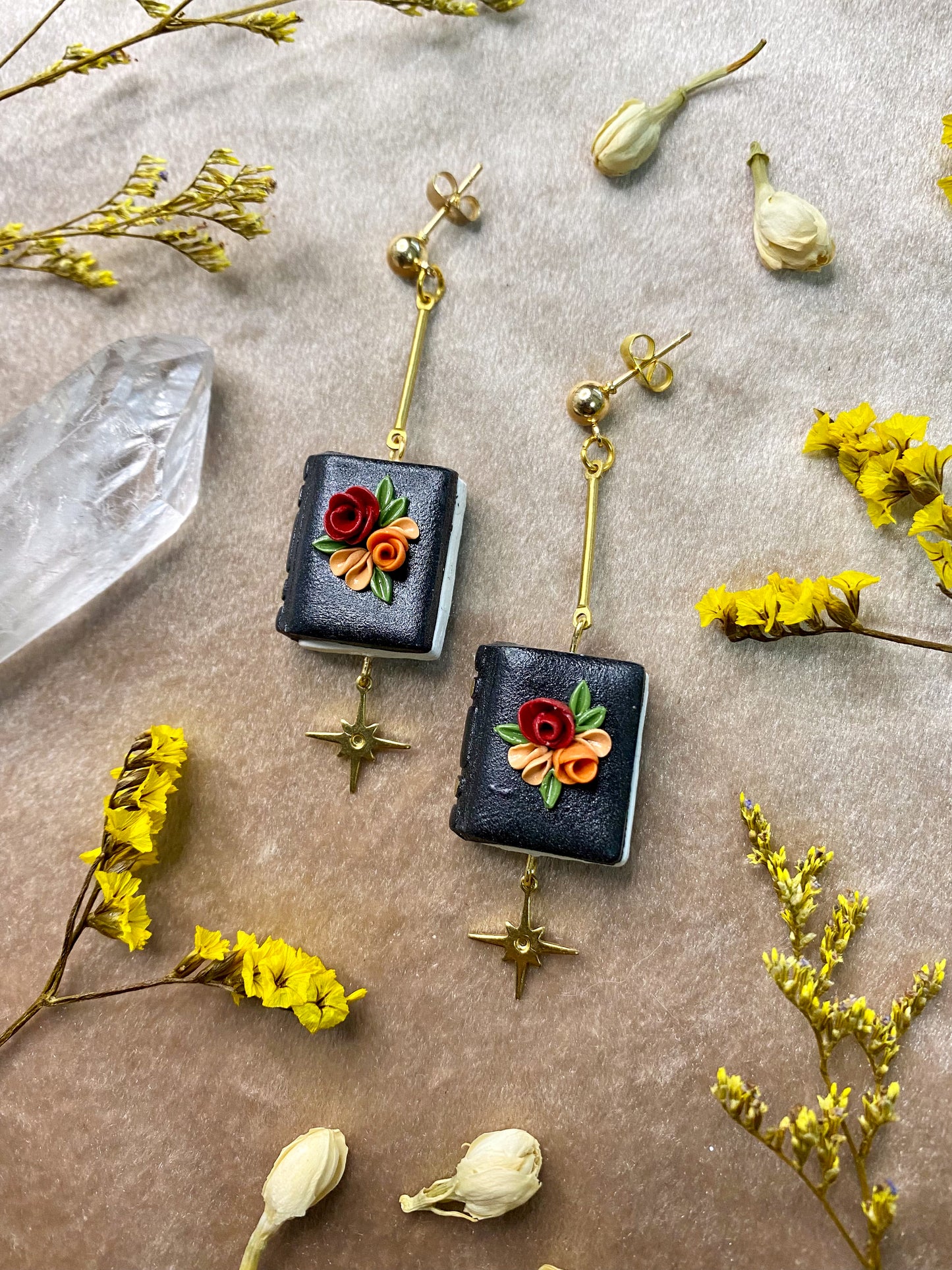 Black Floral Book Earrings