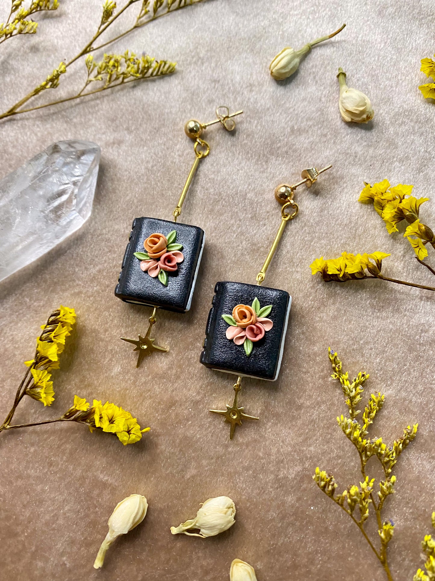 Black Floral Book Earrings