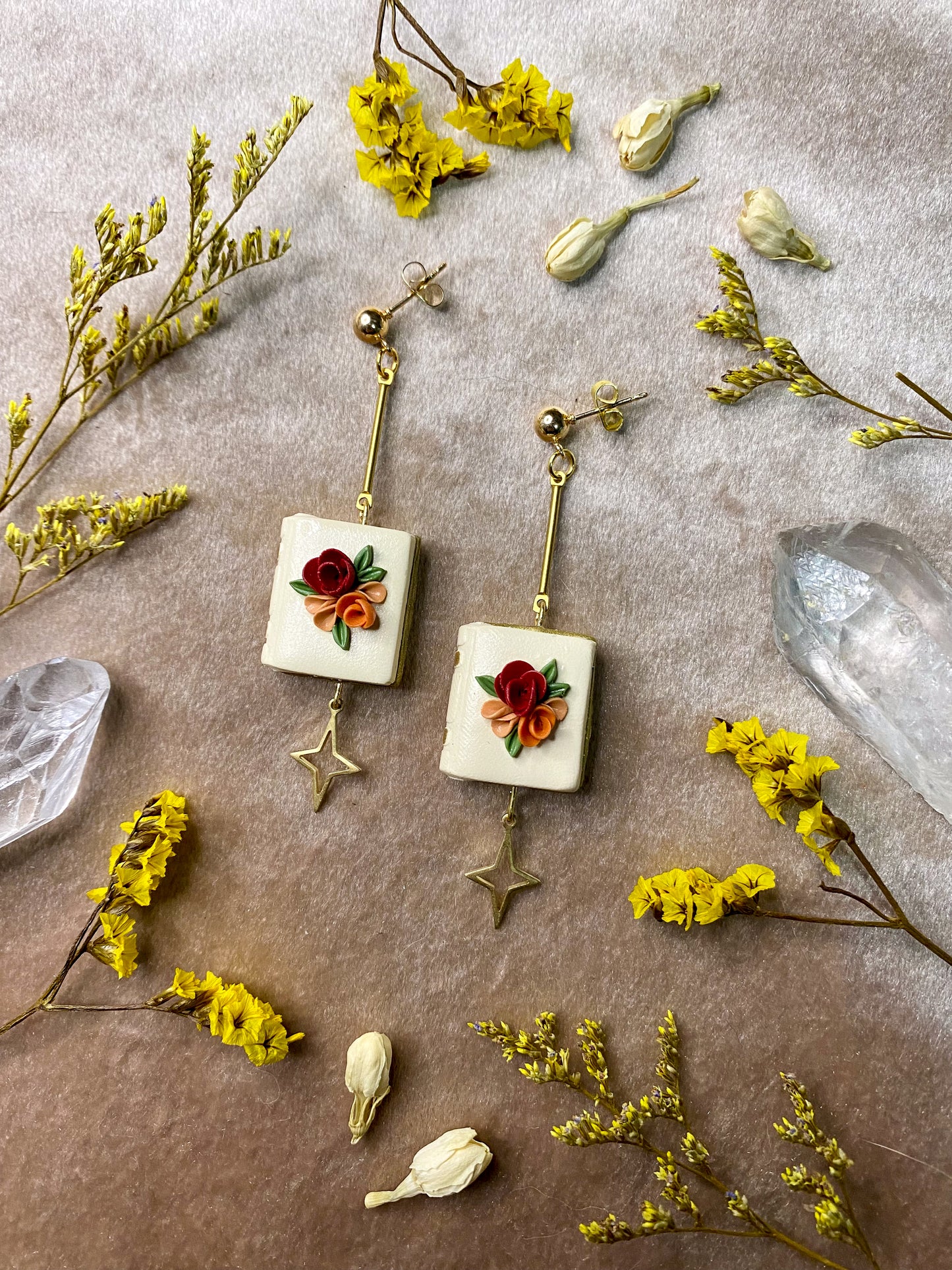 polymer clay ivory floral book dangle earrings
