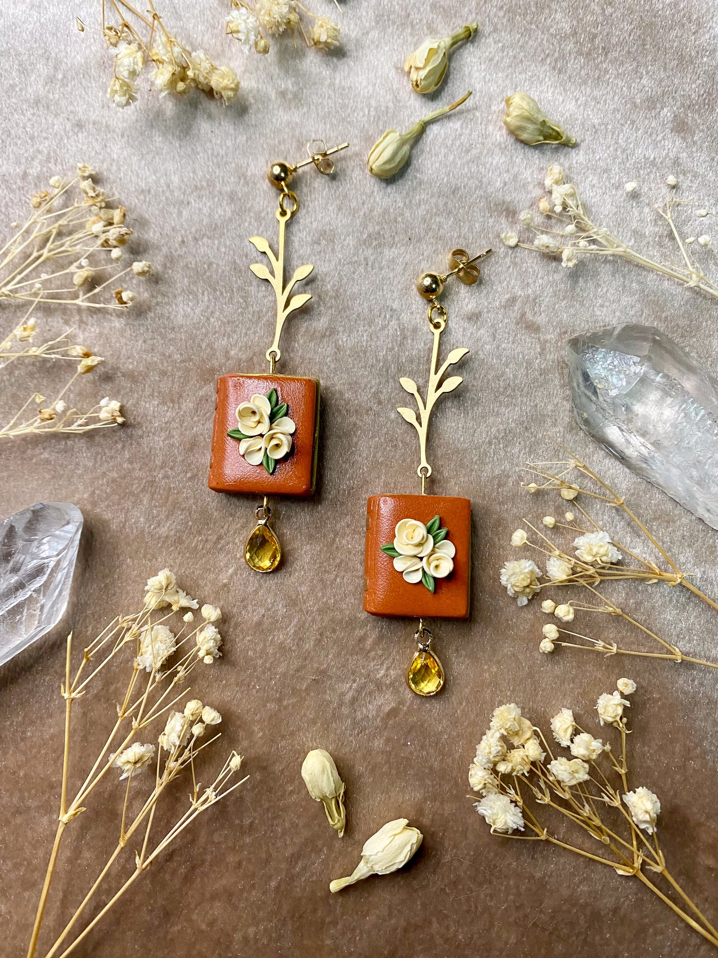 polymer clay orange floral book dangle earrings