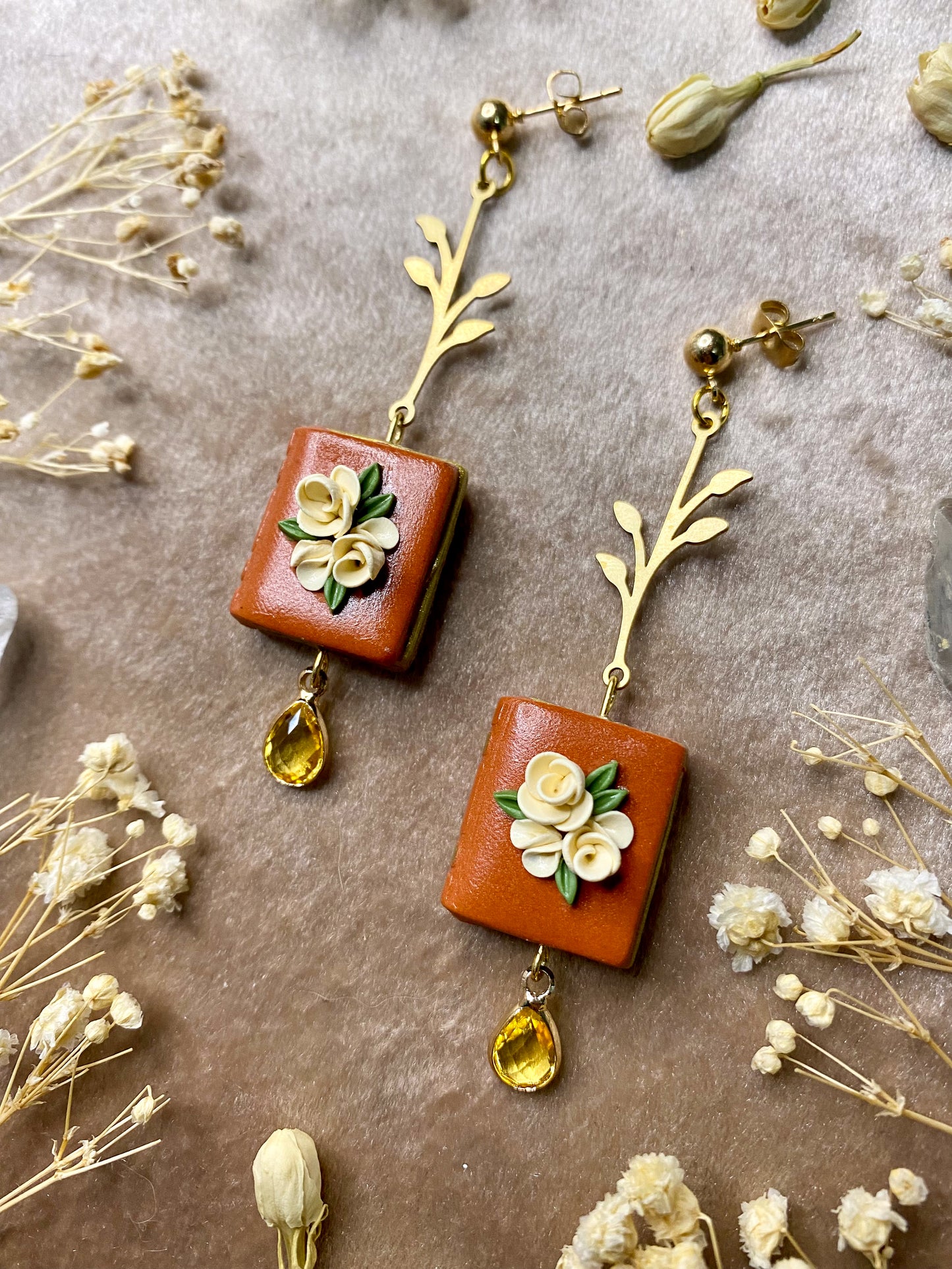 Cinnamon Floral Book Earrings