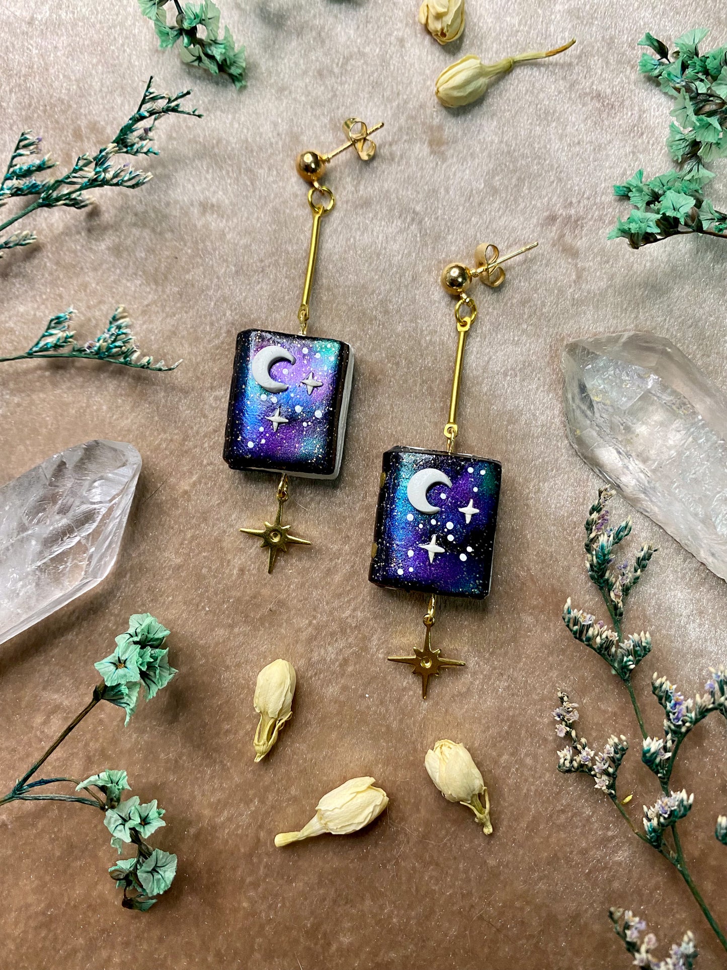 polymer clay galaxy book dangle earrings