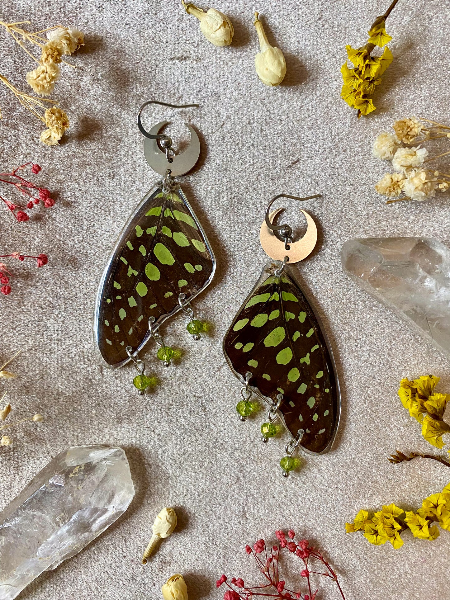 Green Spotted Triangle Butterfly Earrings