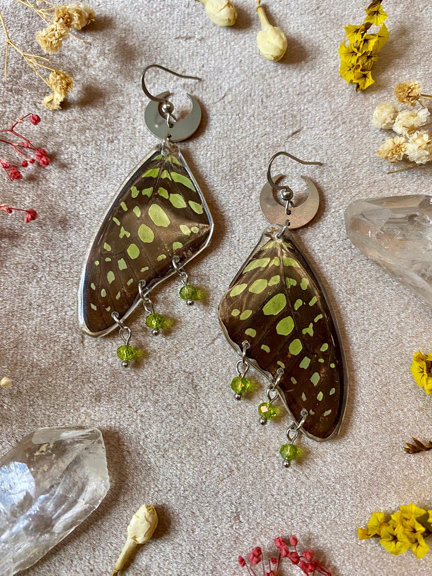 Green Spotted Triangle Butterfly Earrings