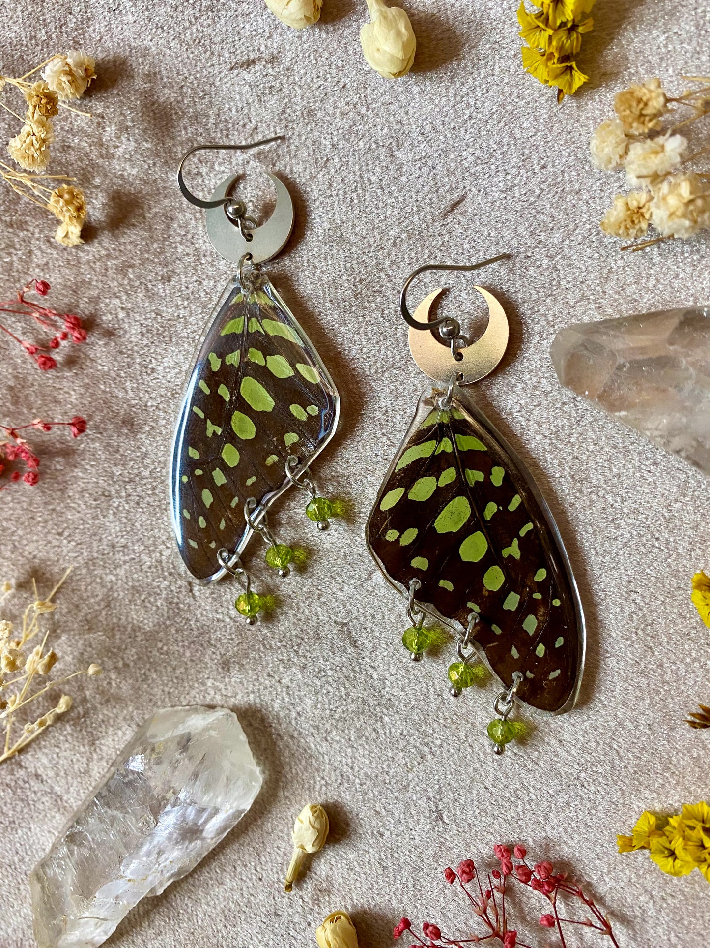 Green Spotted Triangle Butterfly Earrings