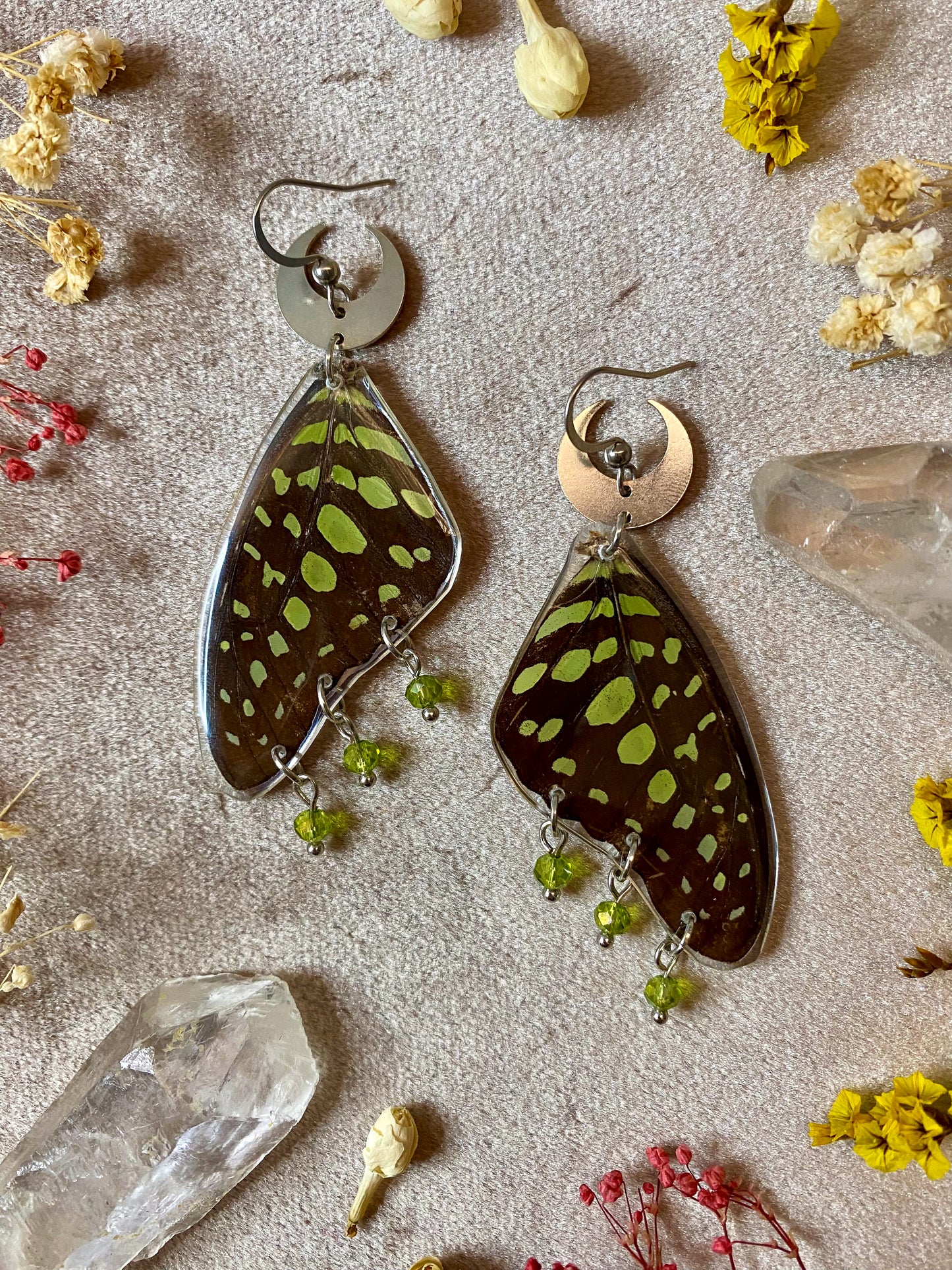 Green Spotted Triangle Butterfly Earrings