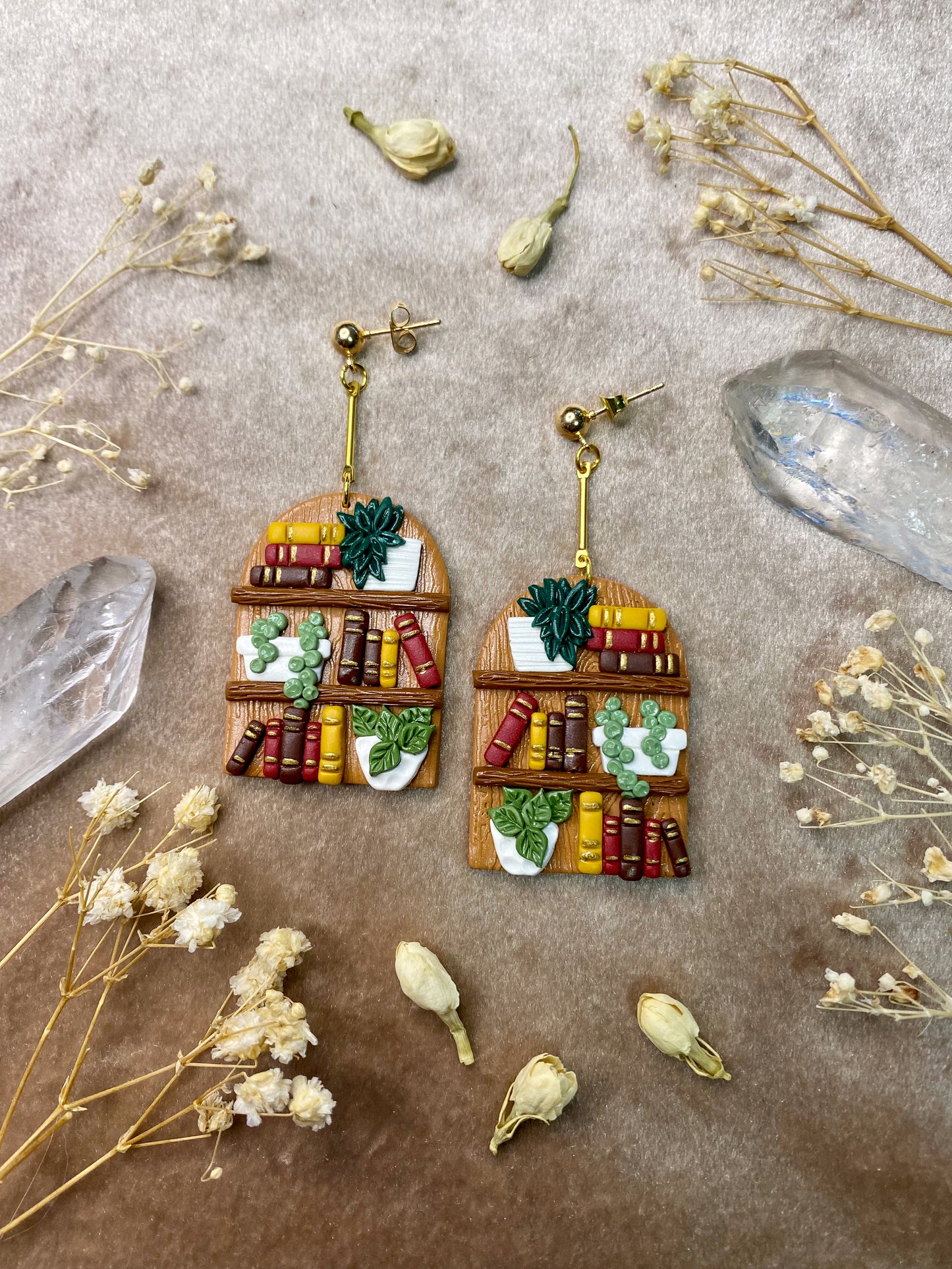 plants and books polymer clay bookcase dangle earrings