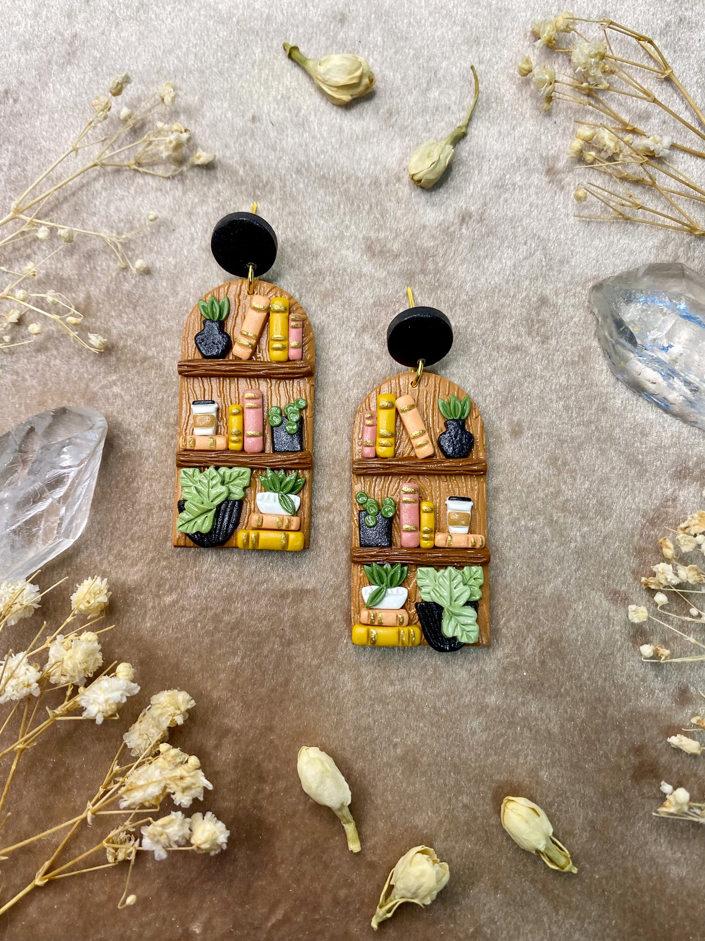plants and books polymer clay bookcase dangle earrings