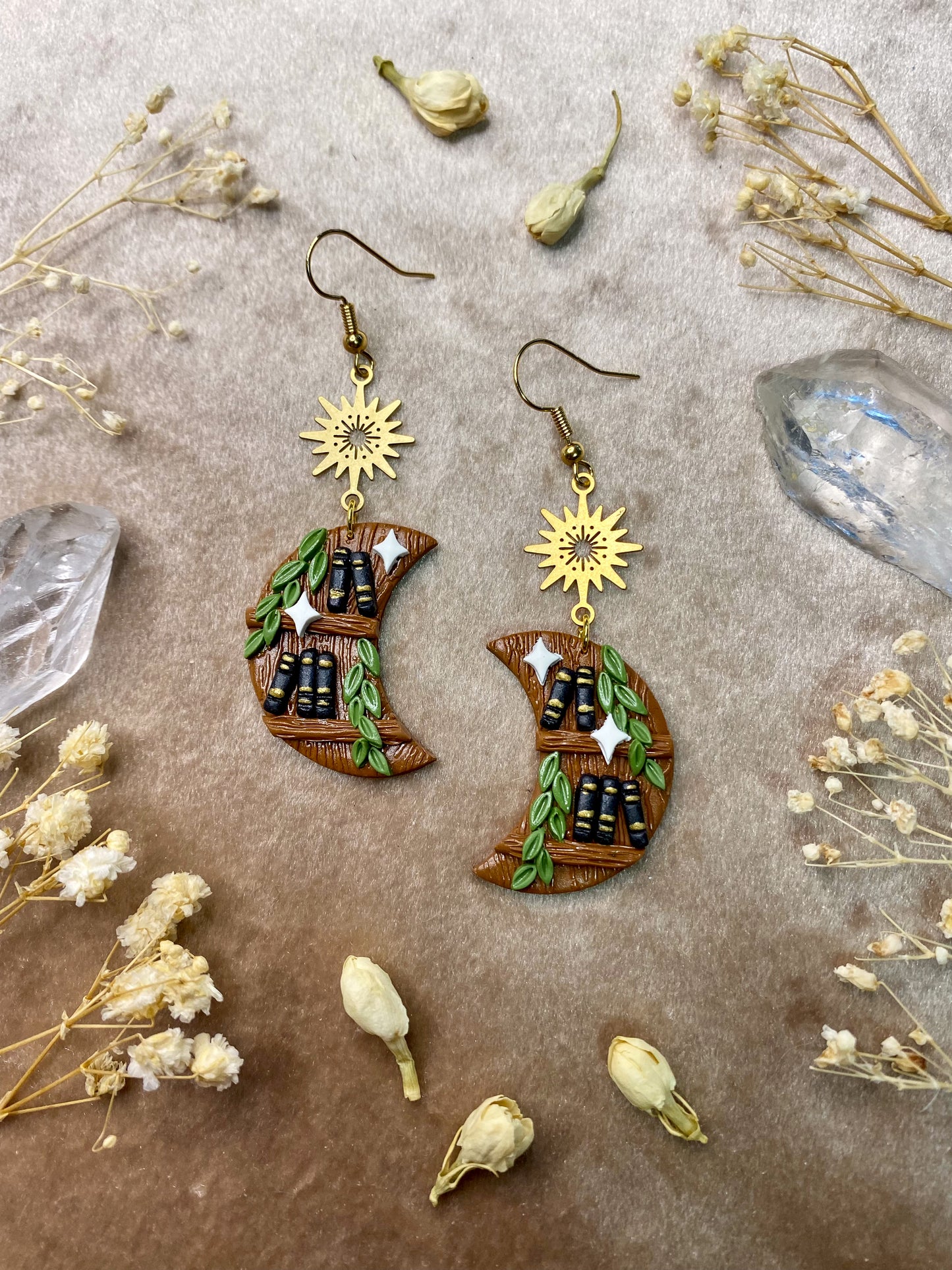 polymer clay moon bookcase dangle earrings