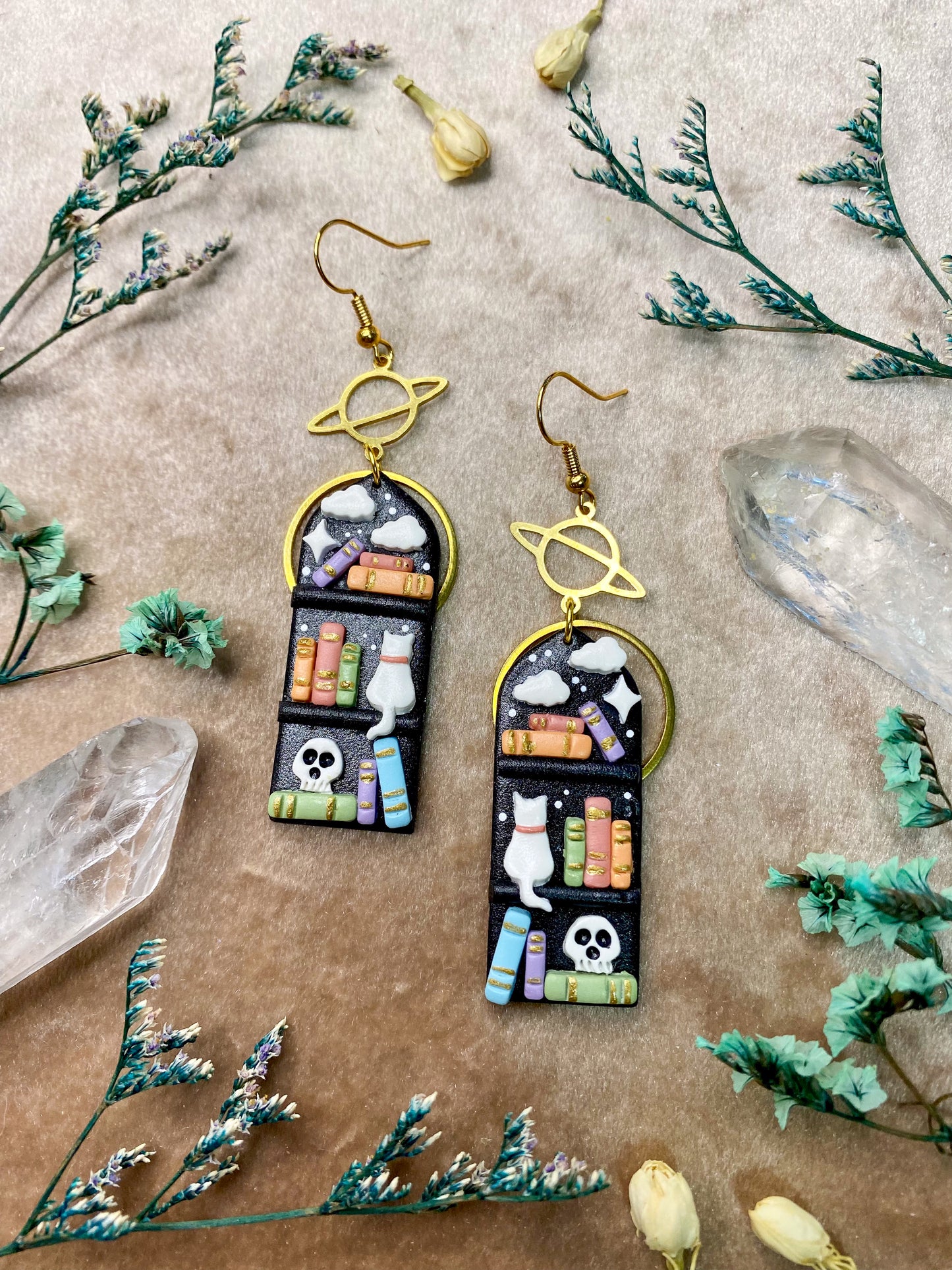 polymer clay bookcase in the sky dangle earrings