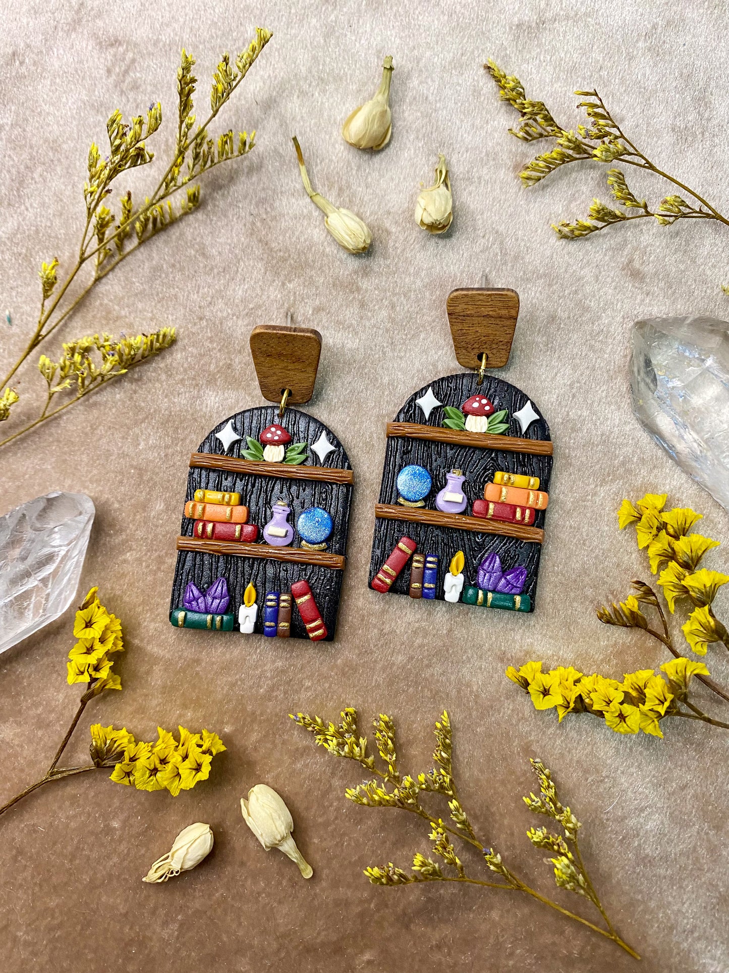 polymer clay black magical bookcase dangle earrings