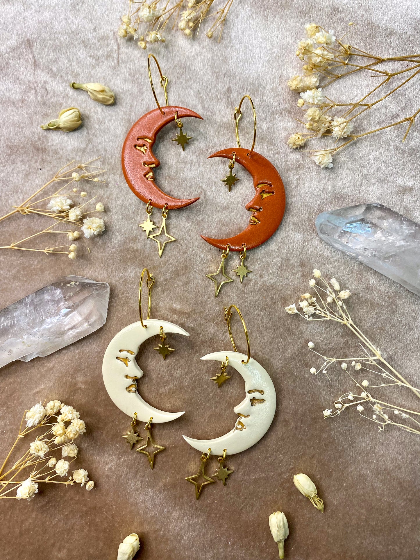 polymer clay star and moon hoop earrings