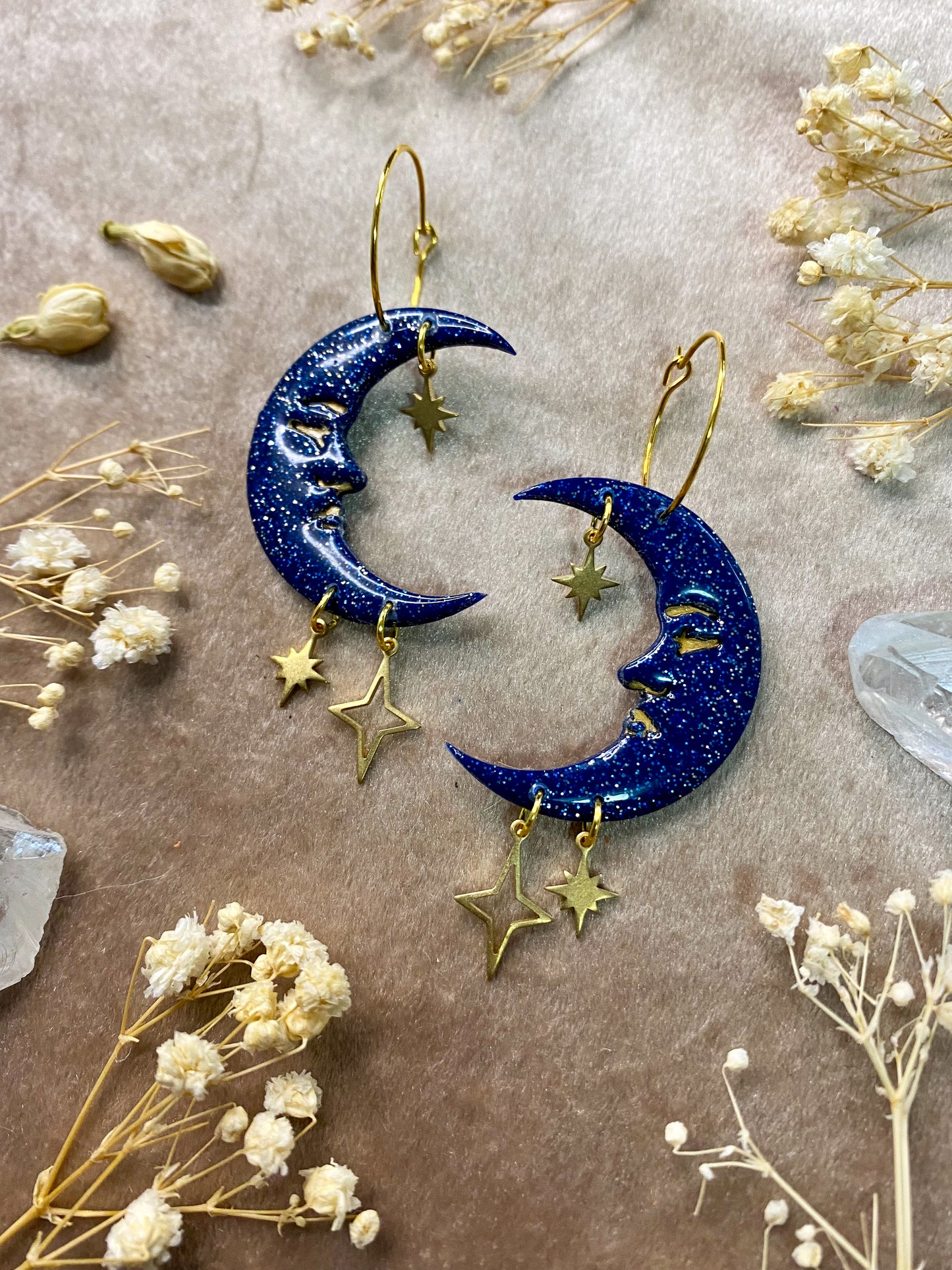 Glittery Starry Moon Hoop Earrings