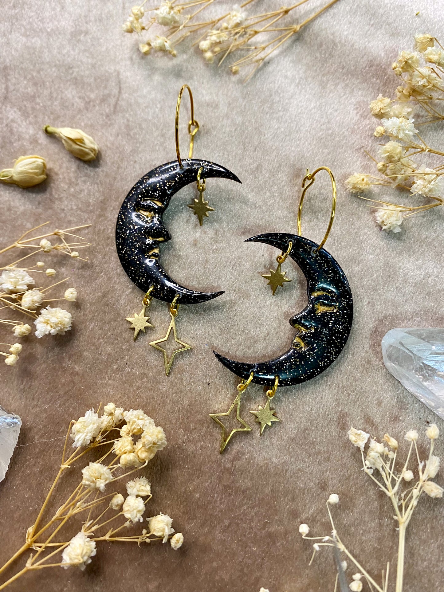 Glittery Starry Moon Hoop Earrings