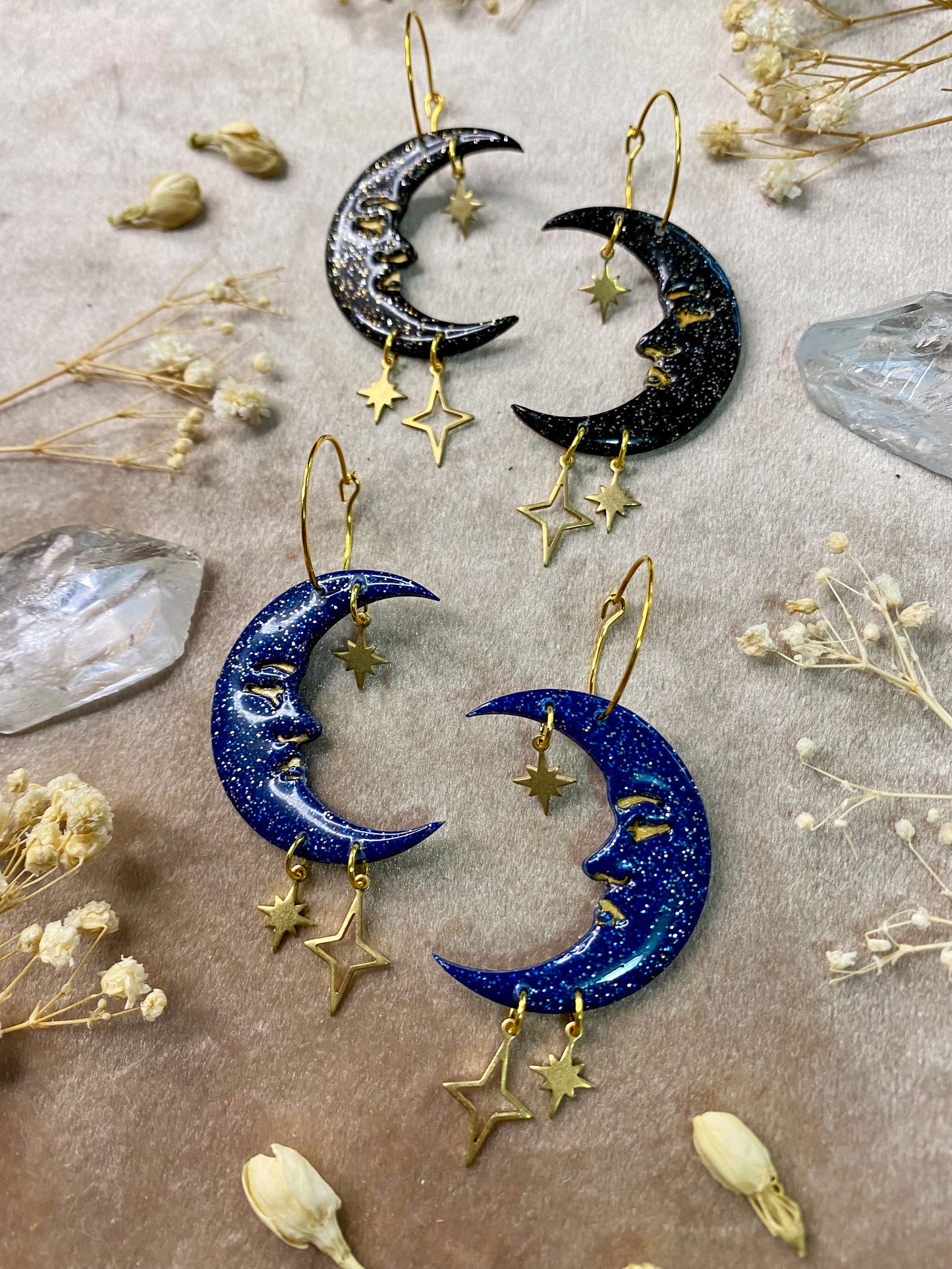 polymer clay glitter moon and stars hoop earrings