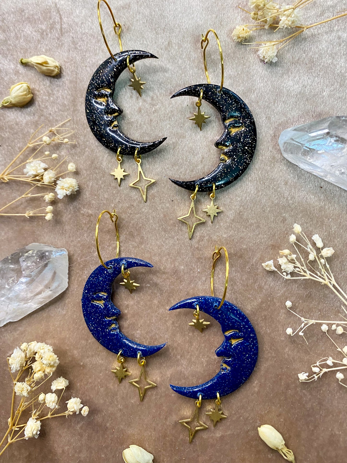 Glittery Starry Moon Hoop Earrings