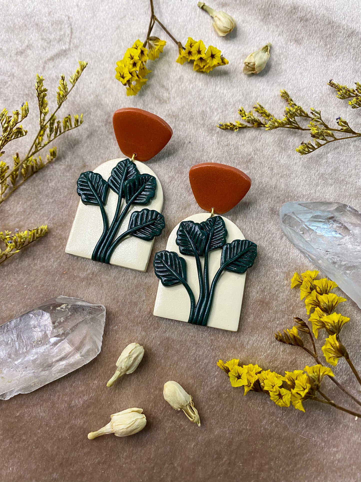 polymer clay leaves and plant arch dangle earrings