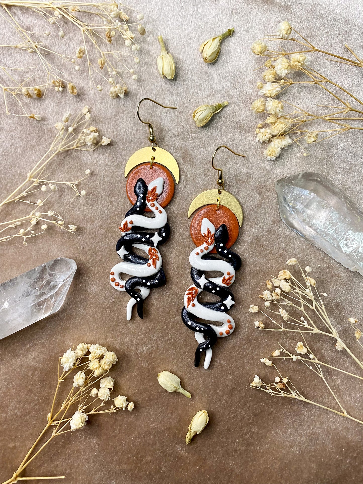 polymer clay yin and yang black and white snake dangle earrings