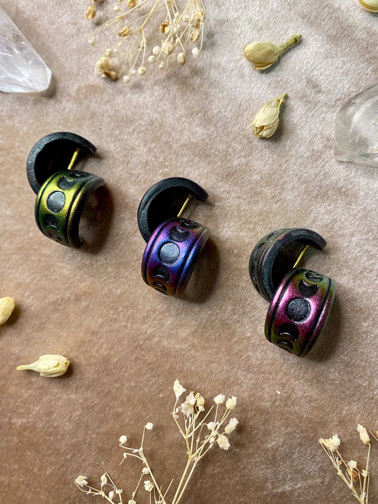 color shifting moon phase huggie hoop earrings polymer clay
