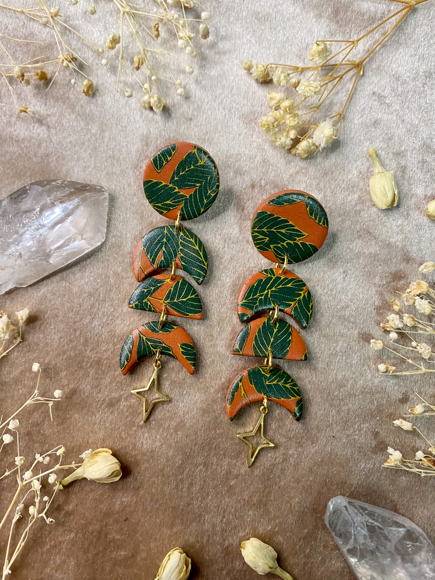 polymer clay boho leaf moon phase dangle earrings