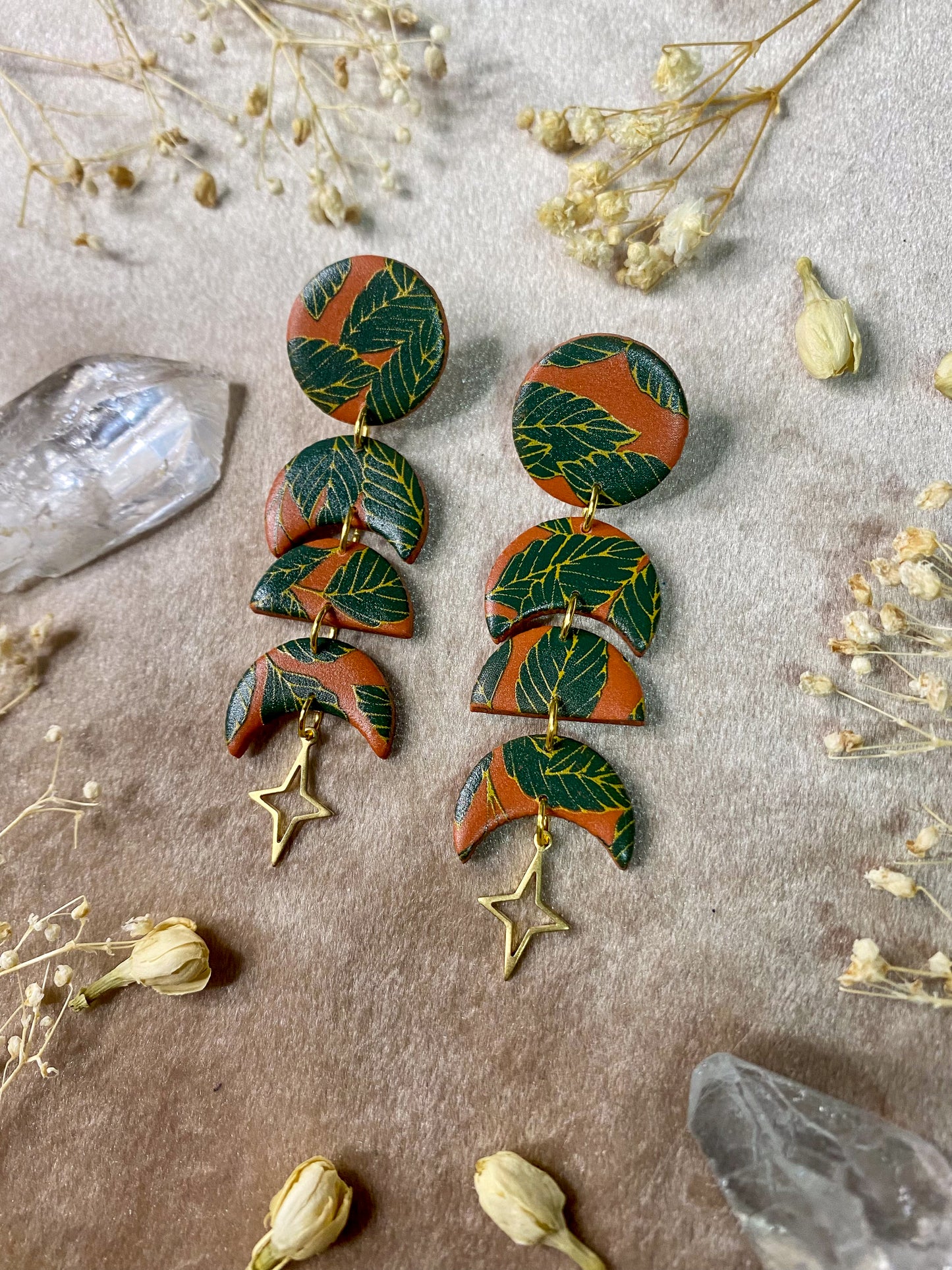 Orange Boho Leaf Moon Phase Earrings
