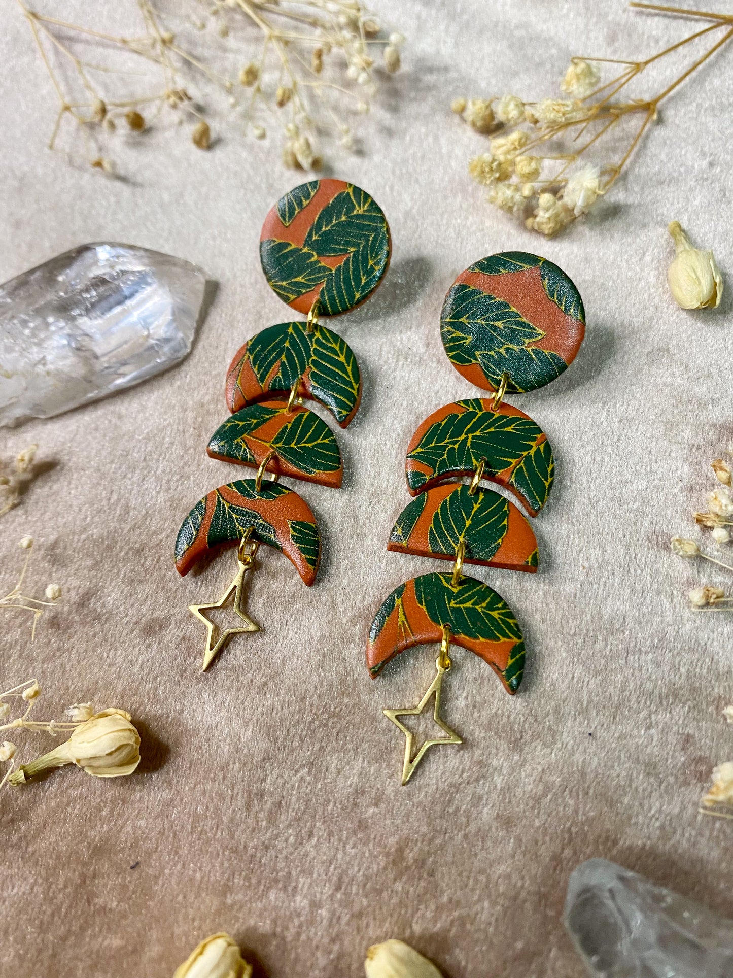 Orange Boho Leaf Moon Phase Earrings