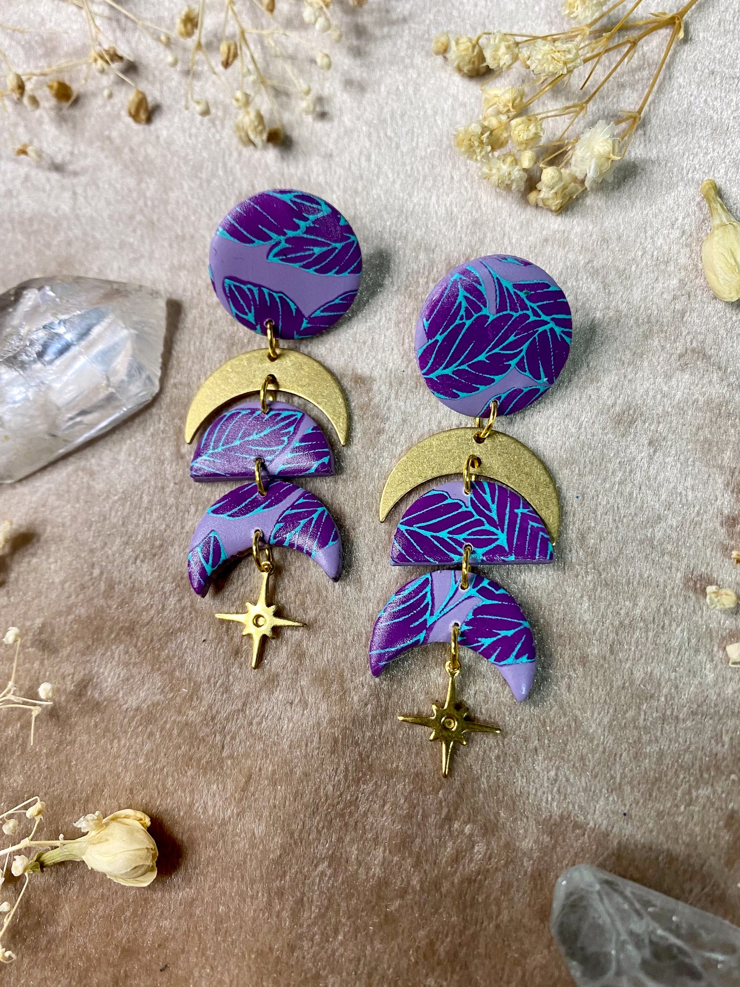 Purple Boho Leaf Moon Phase Earrings
