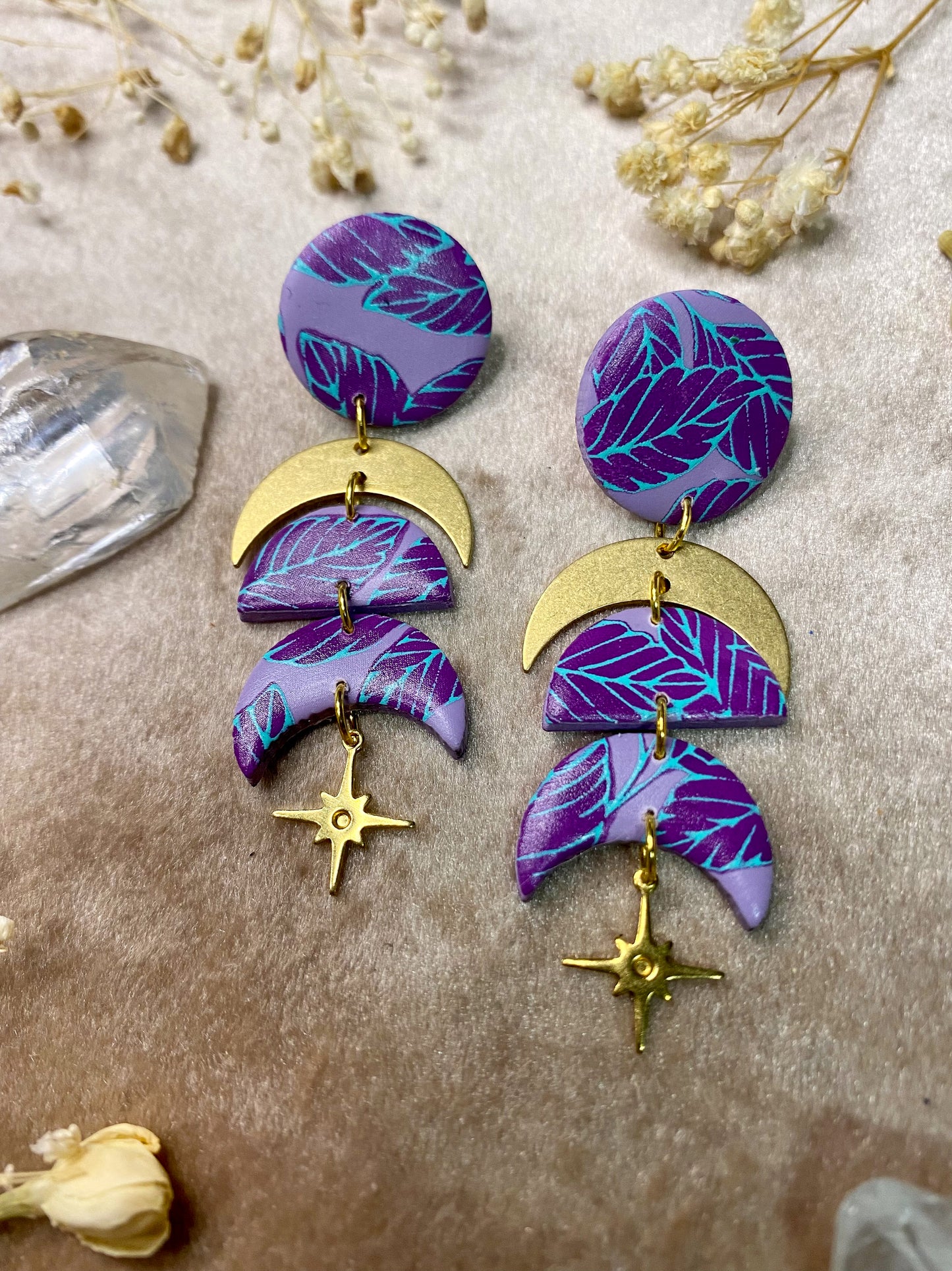 Purple Boho Leaf Moon Phase Earrings