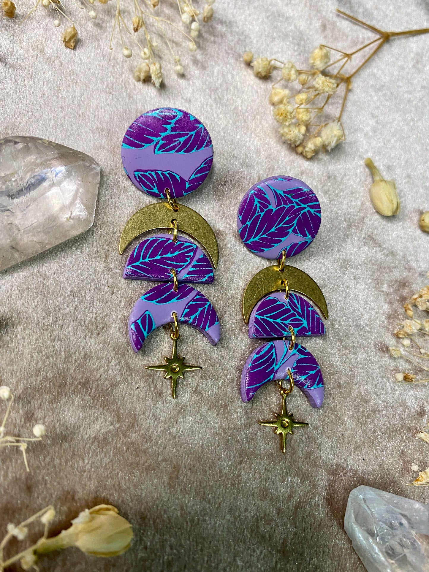 Purple Boho Leaf Moon Phase Earrings