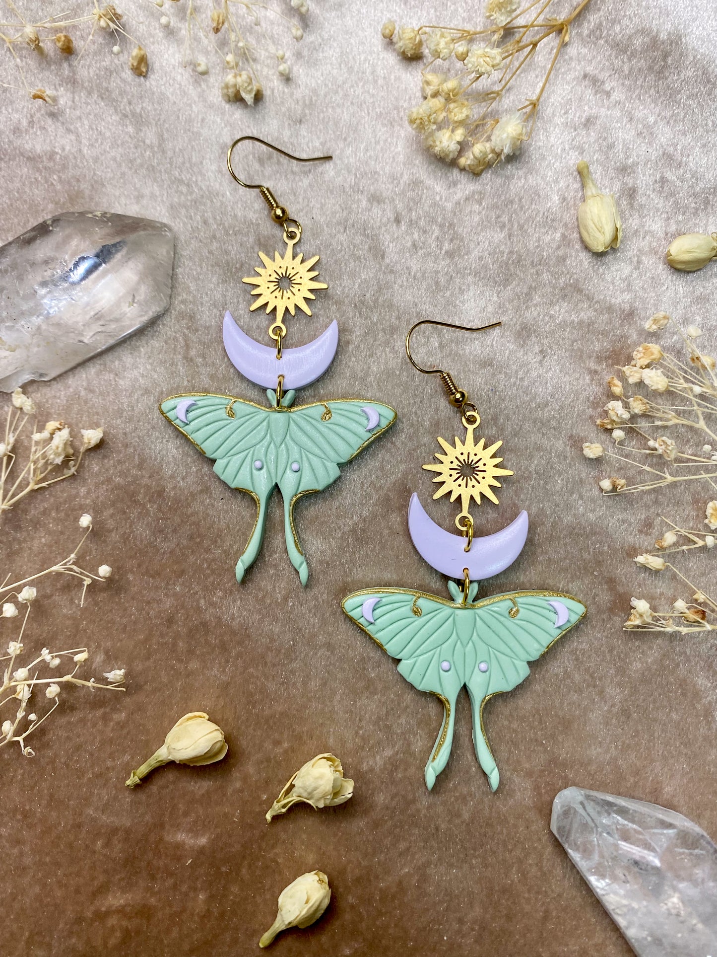 polymer clay pastel luna moth dangle earrings