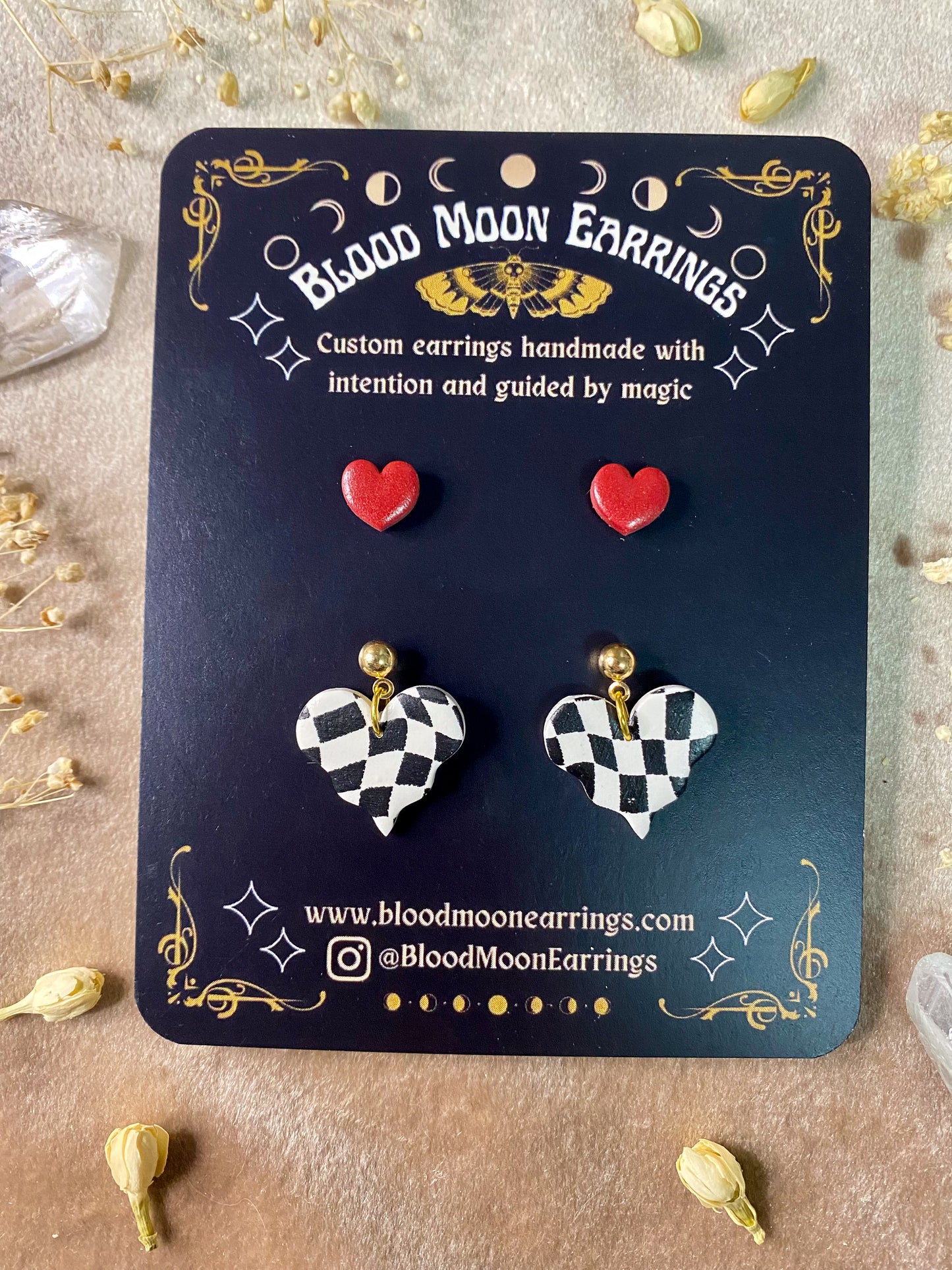 polymer clay checkered heart dangle and red heart stud earrings pack